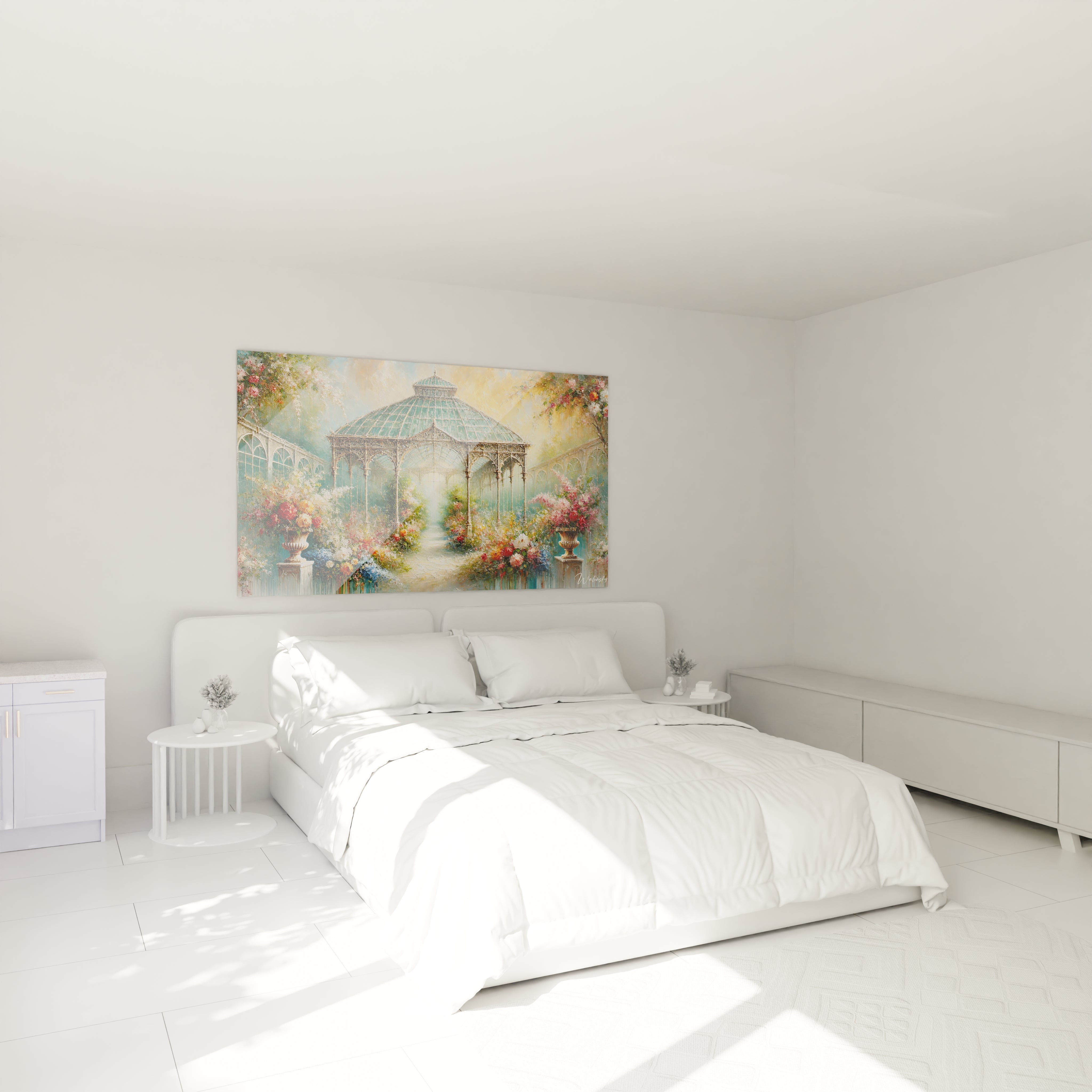 Tableau Jardin suspendu au-dessus du lit dans une chambre, apportant une atmosphere sereine et onirique avec des couleurs douces et un style romantique, entre nature et architecture.

