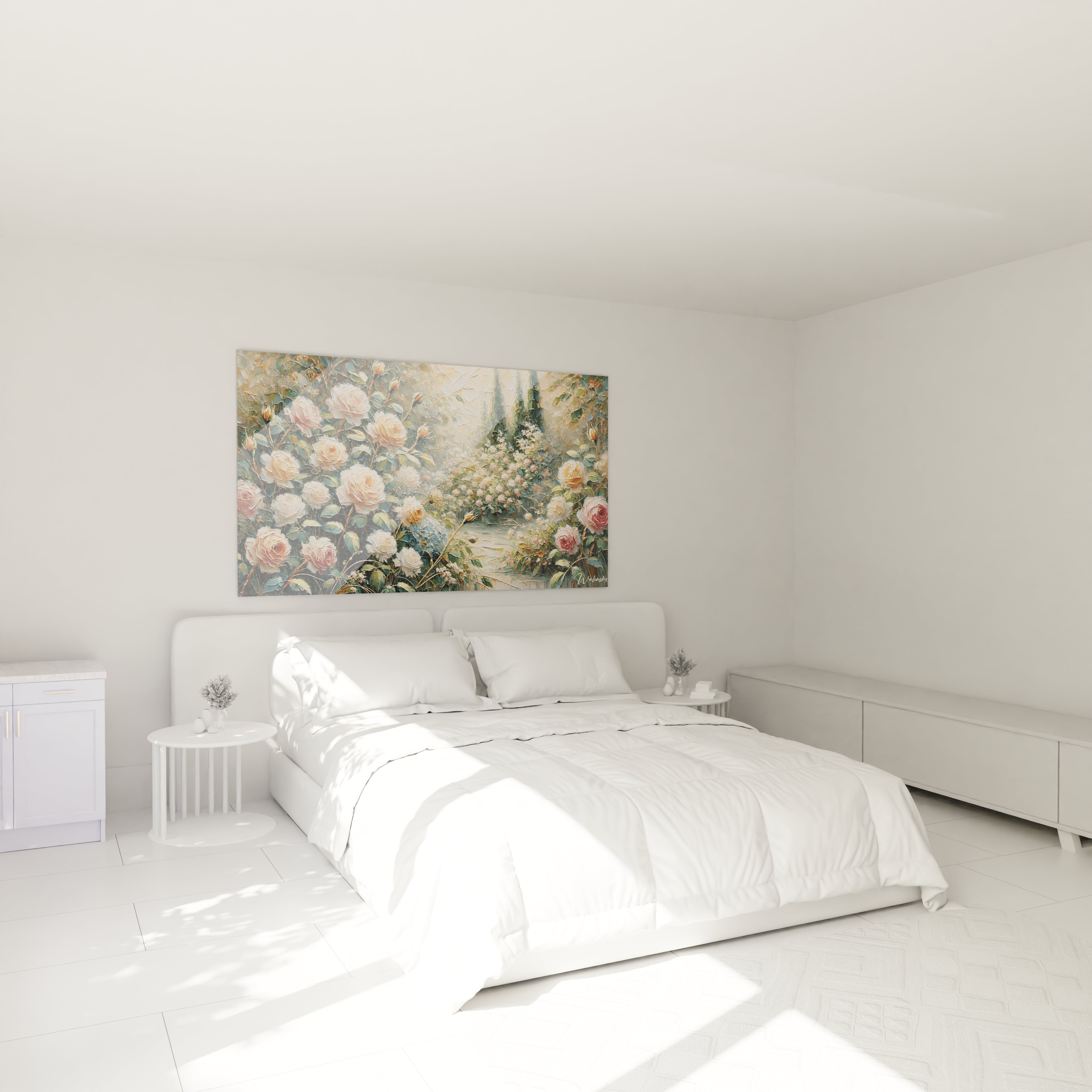 Tableau Jardin dans une chambre suspendu au-dessus du lit Il evoque un coin de nature ou roses et feuillage se marient dans une palette douce pour une ambiance apaisante et elegante

