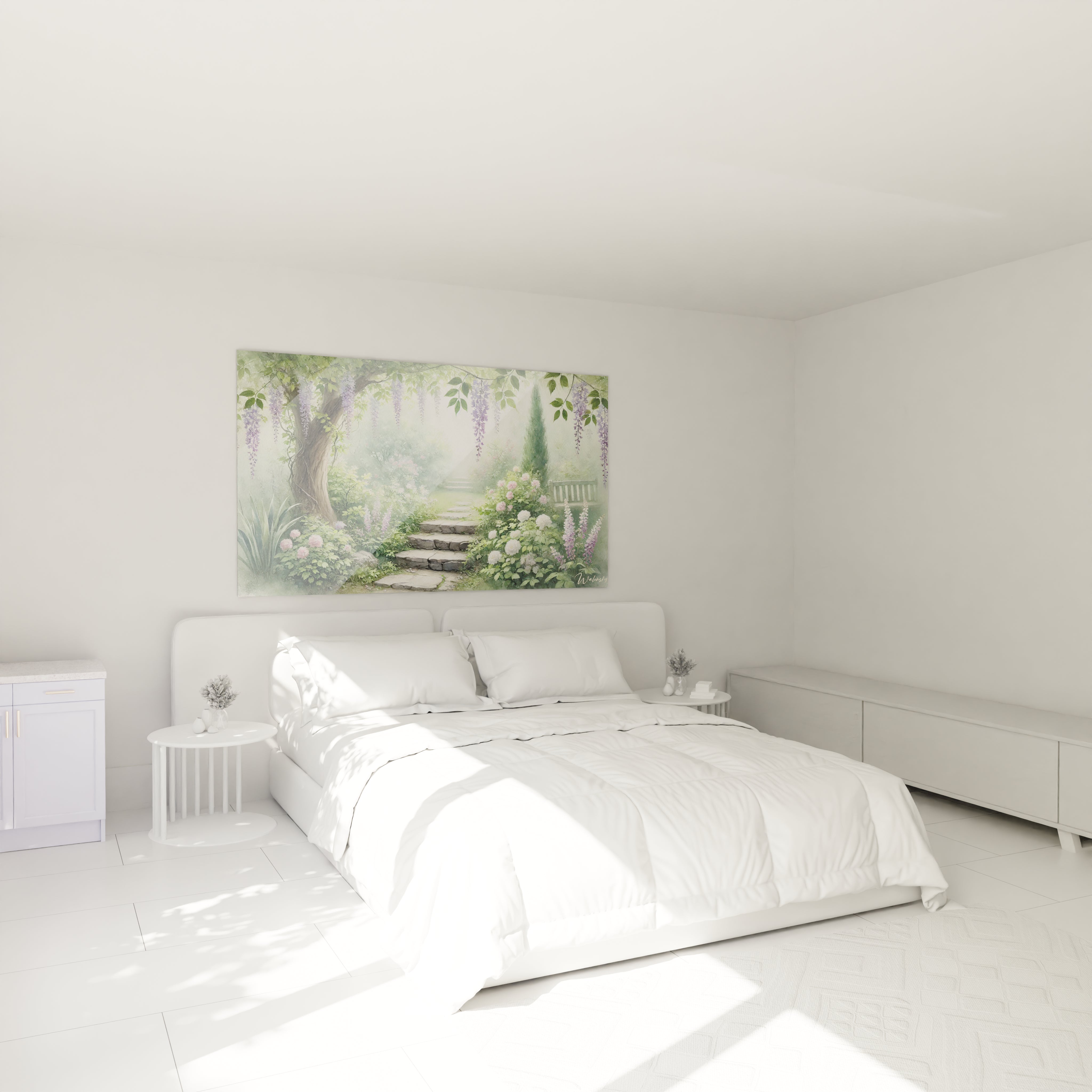 tableau Jardin au-dessus du lit dans une chambre douce et apaisante ideal pour une ambiance de detente avec ses tons pastel et atmosphère de serenite

