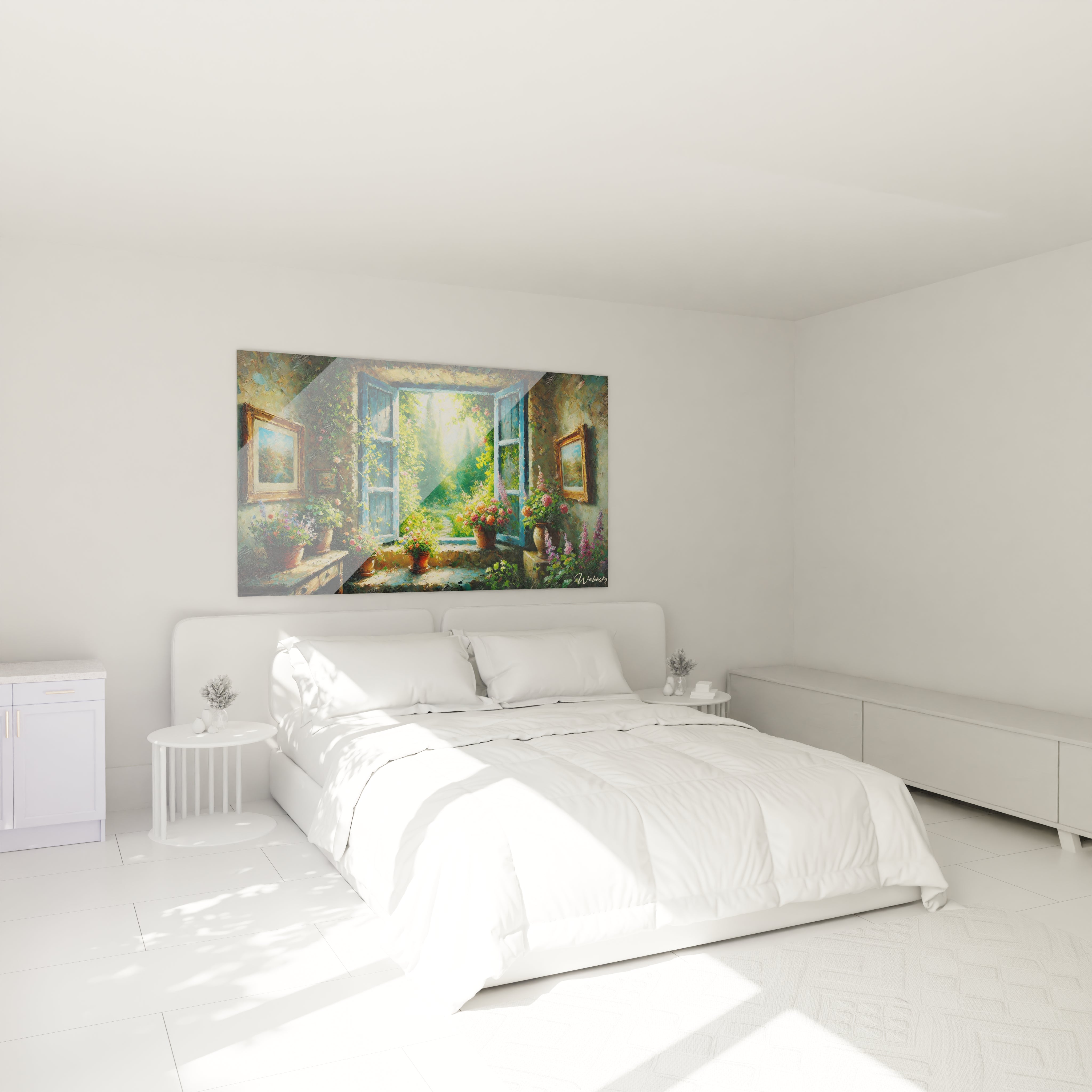 tableau jardin dans une chambre accroche au mur au dessus du lit evoquant la serenite d un matin baigne de lumiere dorée Le vert et bleu apportent fraicheur et apaisement a cet espace de repos

