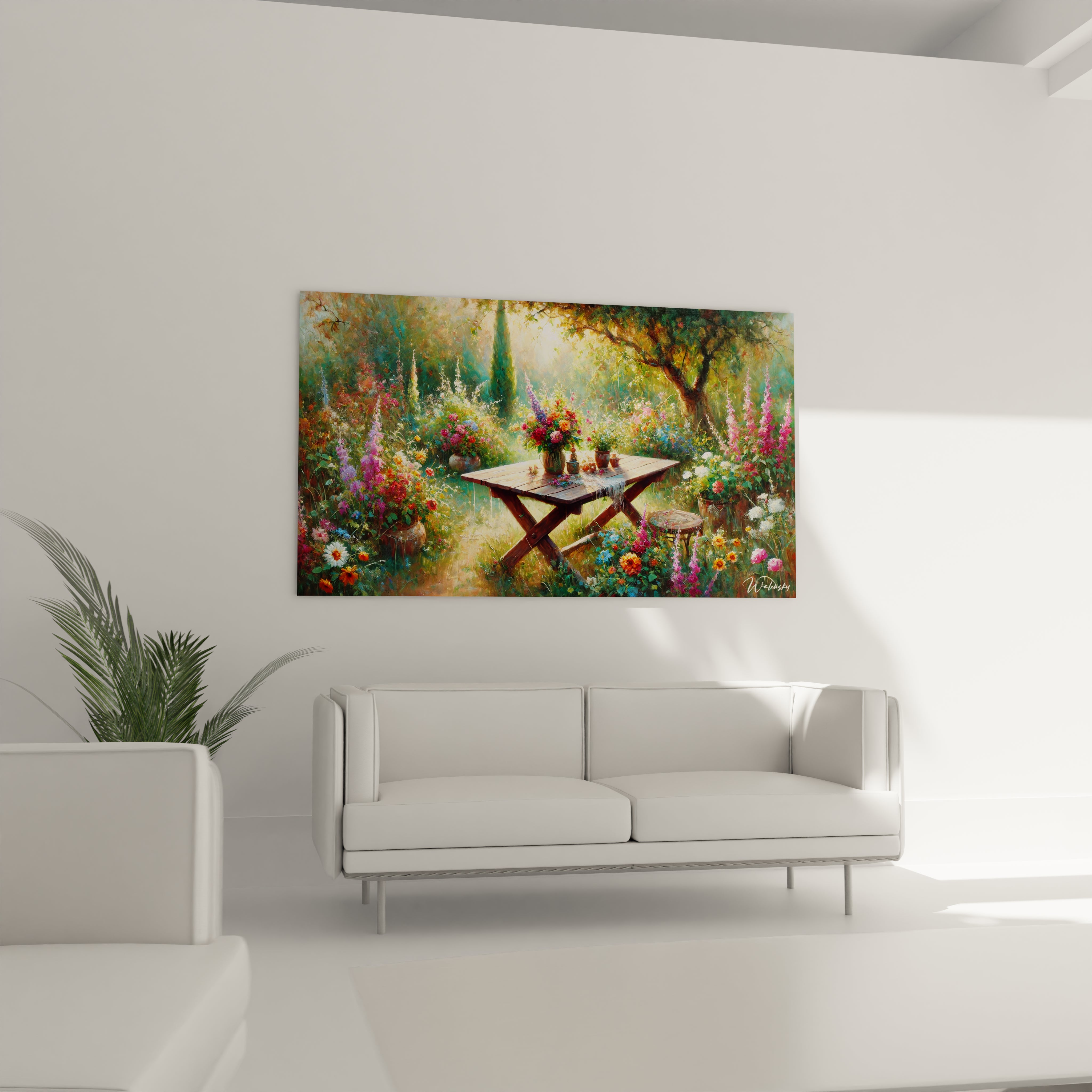 Tableau jardin au-dessus du canape dans le salon Il inspire convivialite et energie positive La vegetation colorée illumine l'espace et apporte une touche de nature dans votre interieur

