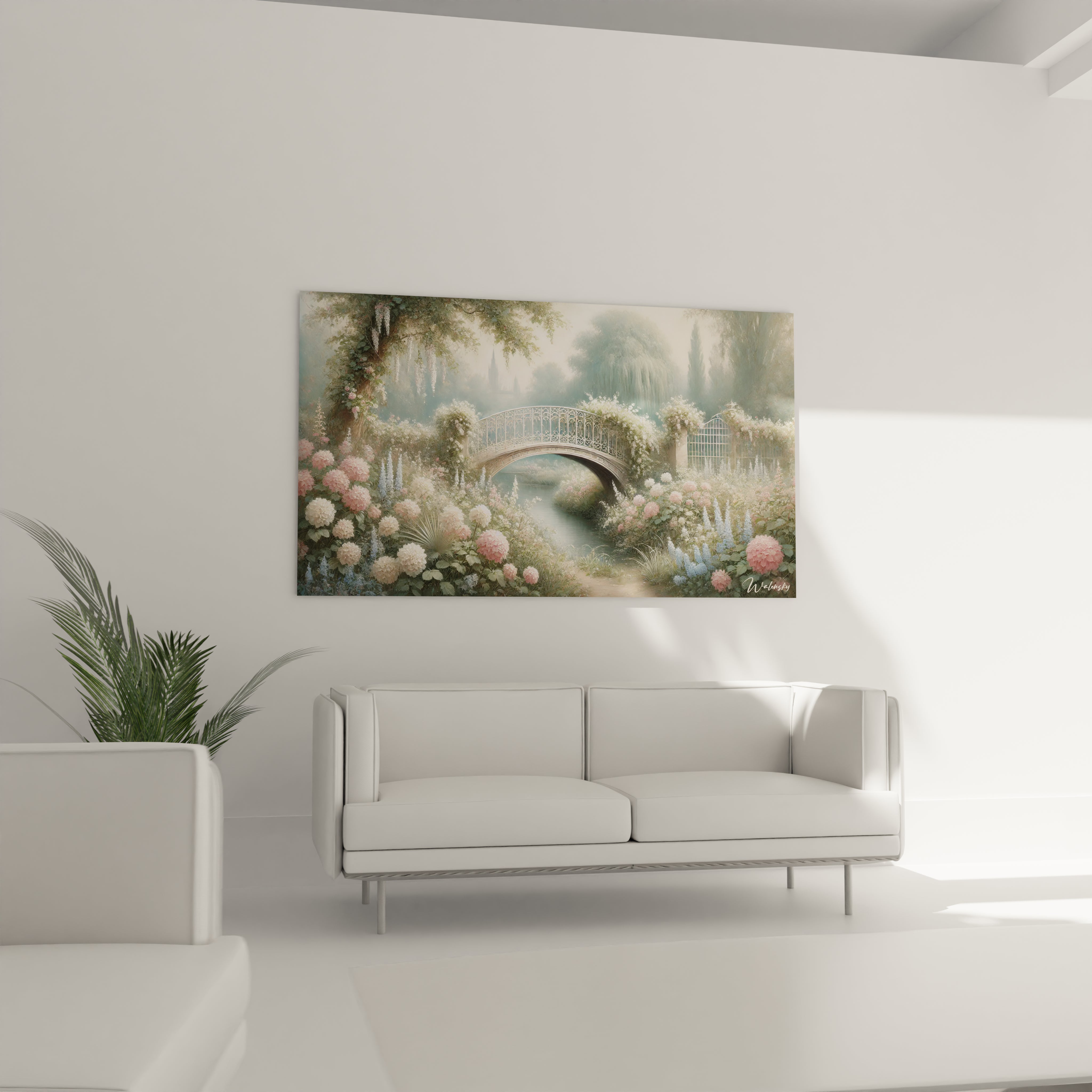 tableau Jardin accroche au-dessus d un canape dans un salon lumineux ajoutant une touche poetique et bucolique vegetation luxuriante couleurs apaisantes ambiance propice a la detente

