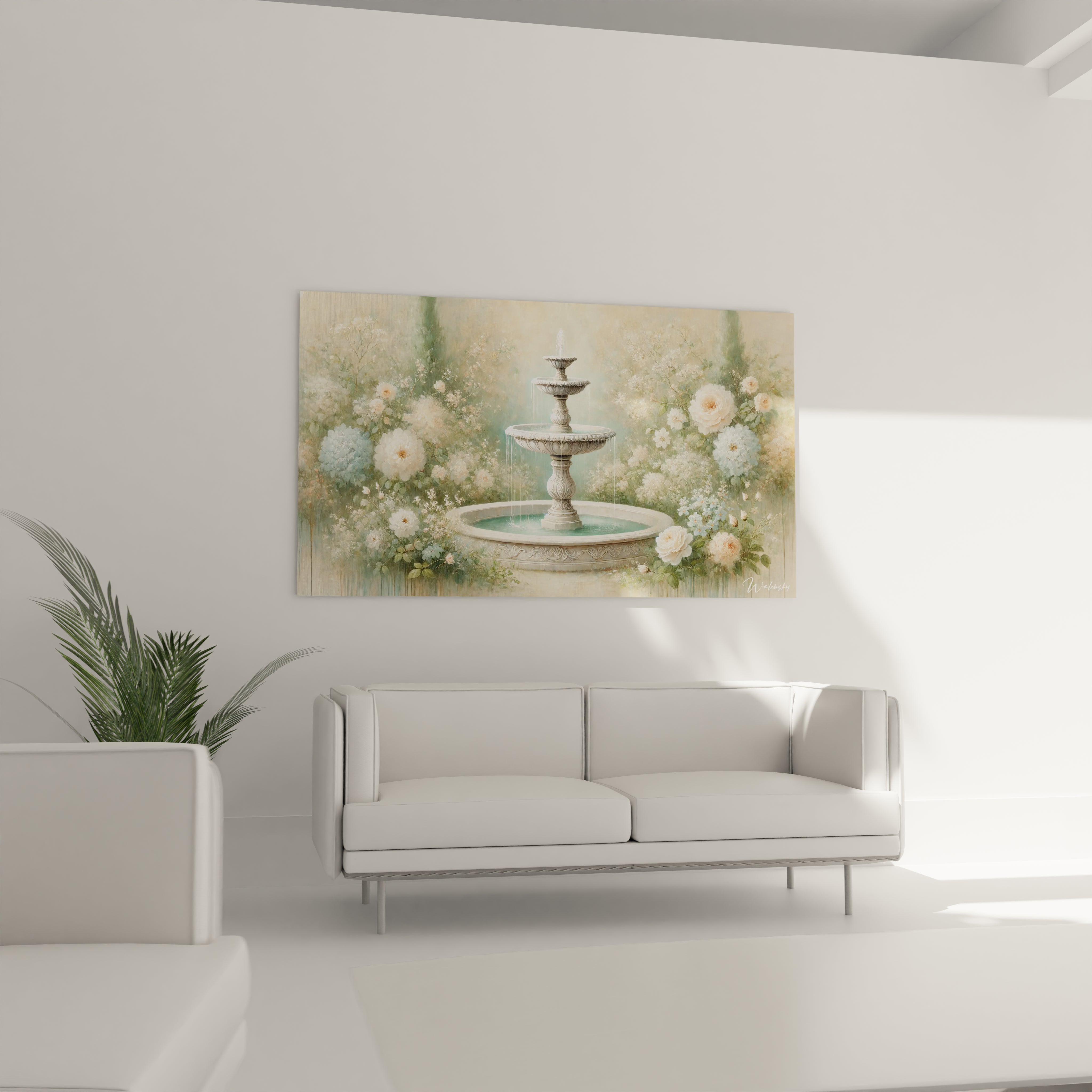 Tableau Jardin dans le salon, installe au-dessus du canape. Ce chef-d'oeuvre ajoute une touche romantique et sereine avec ses couleurs pastel et son style realiste

