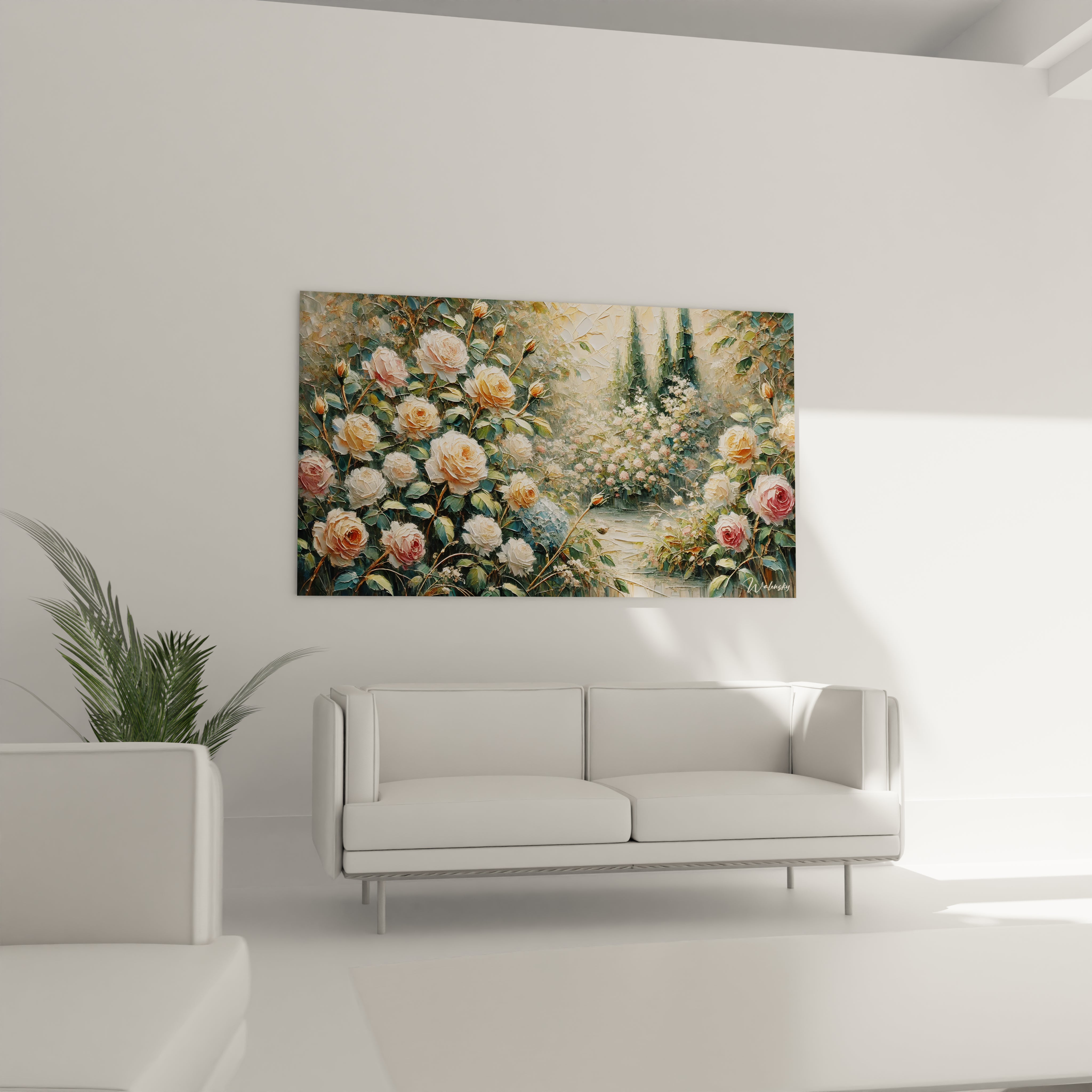 Tableau Jardin accroche dans un salon au-dessus du canape Un chef-d oeuvre floral qui illumine la piece avec des teintes harmonieuses inspirees de la nature en fleurs parfait pour un decor poetique

