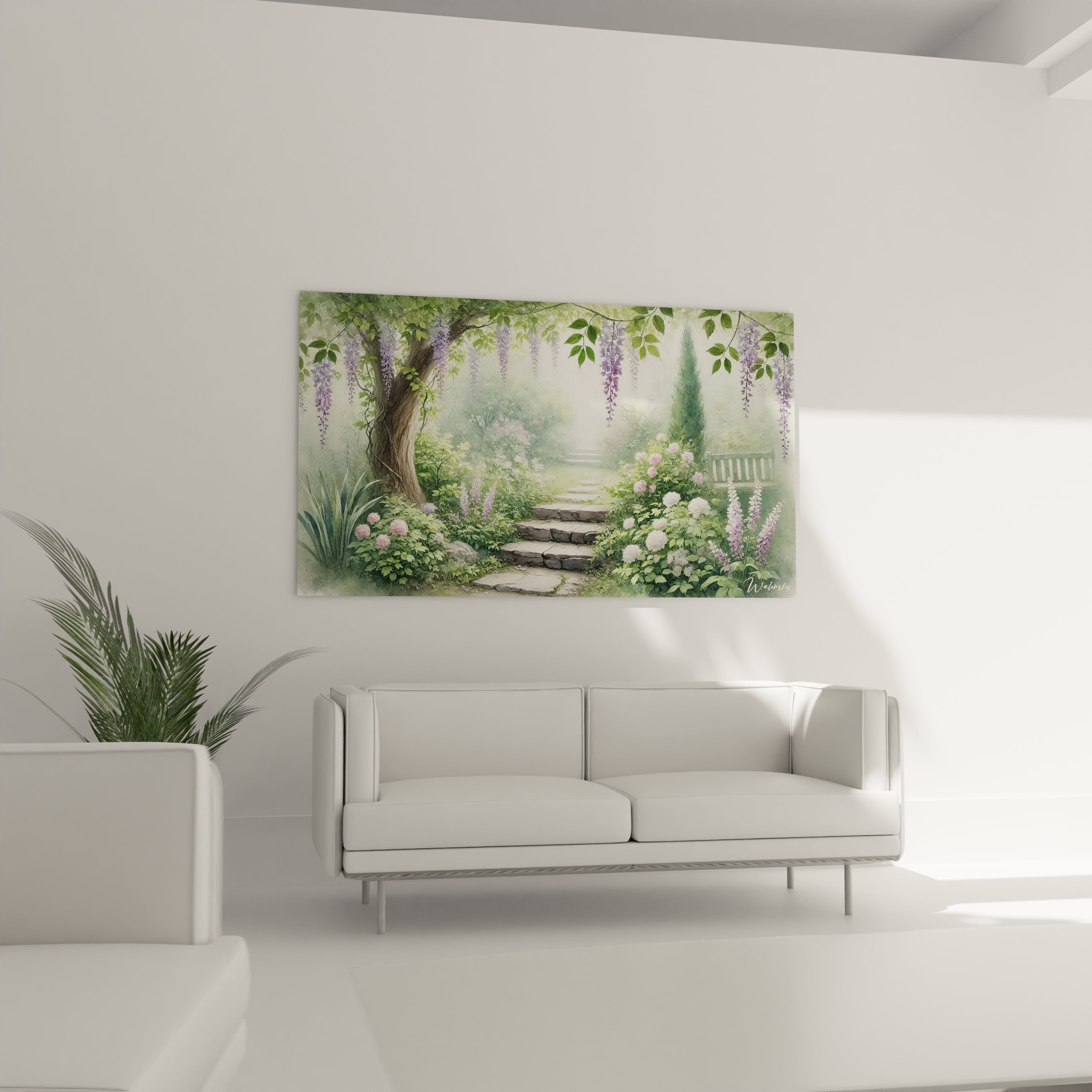 tableau Jardin au-dessus du canapé dans un salon lumineux apportant calme et naturel avec ses nuances vertes et violettes pour une touche elegante

