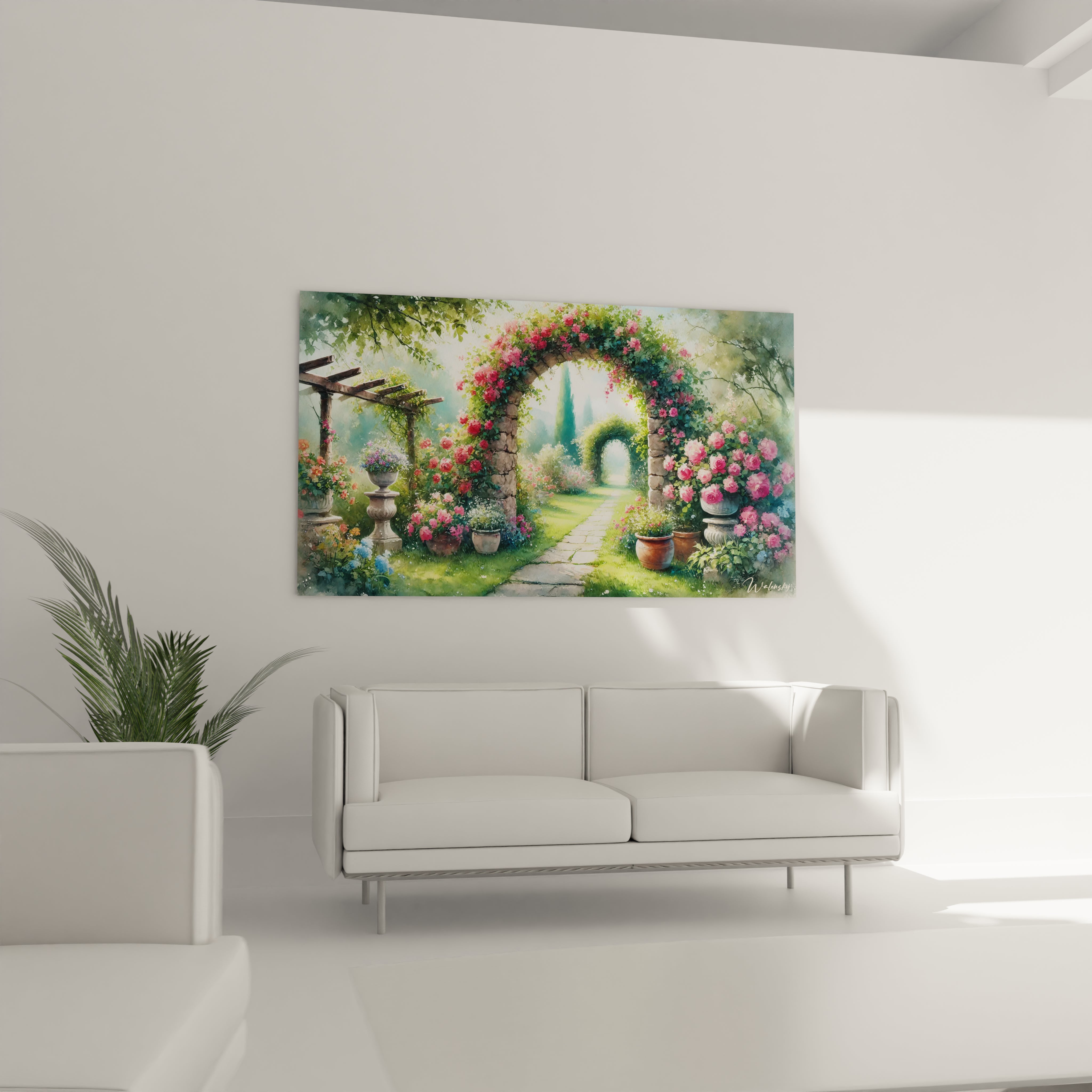 Tableau Jardin accroché au mur d'un salon. Ses nuances de vert et rose apportent une touche naturelle et poétique, transformant l'espace en un havre de tranquillité et de charme végétal.

