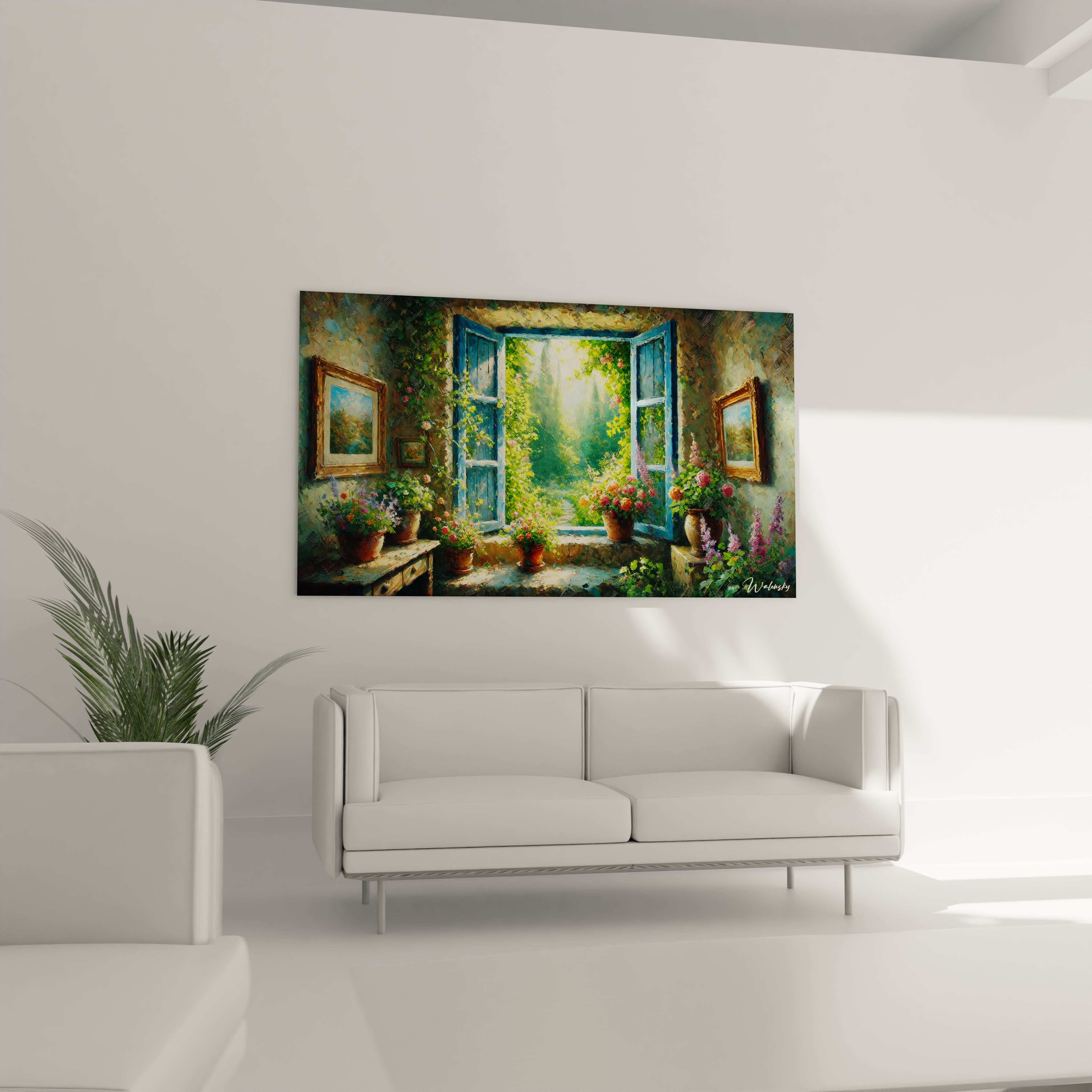 tableau jardin au mur dans un salon au dessus d un canape apportant une ambiance naturelle et bucolique Les couleurs vives et textures realistes subliment le decor et rappellent le bonheur de la campagne

