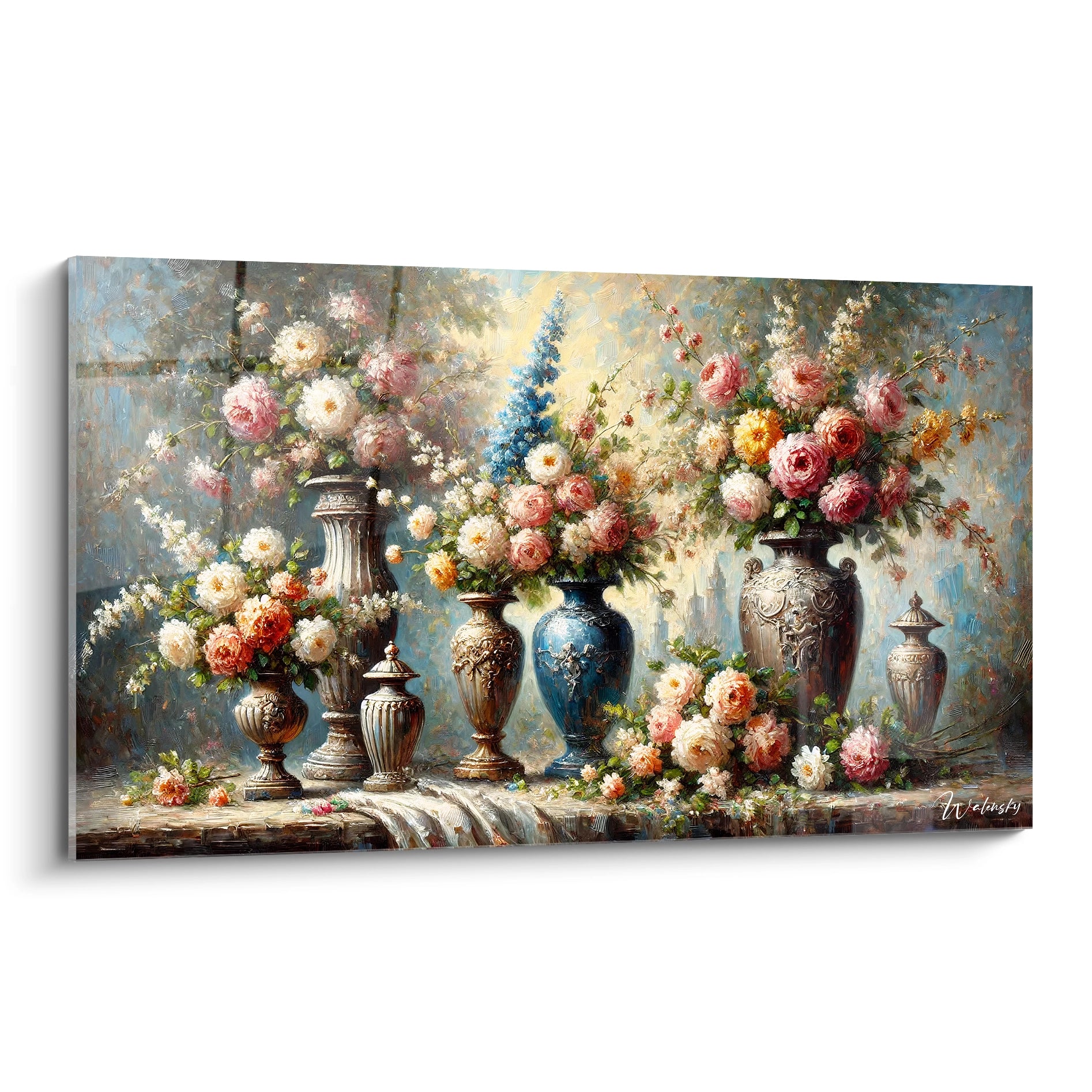 Tableau Jardin vue de biais revele chaque detail de ses fleurs opulentes dans leurs vases ornes textures realistes et couleurs vibrantes capturent la beaute d un jardin en pleine floraison pour votre interieur

