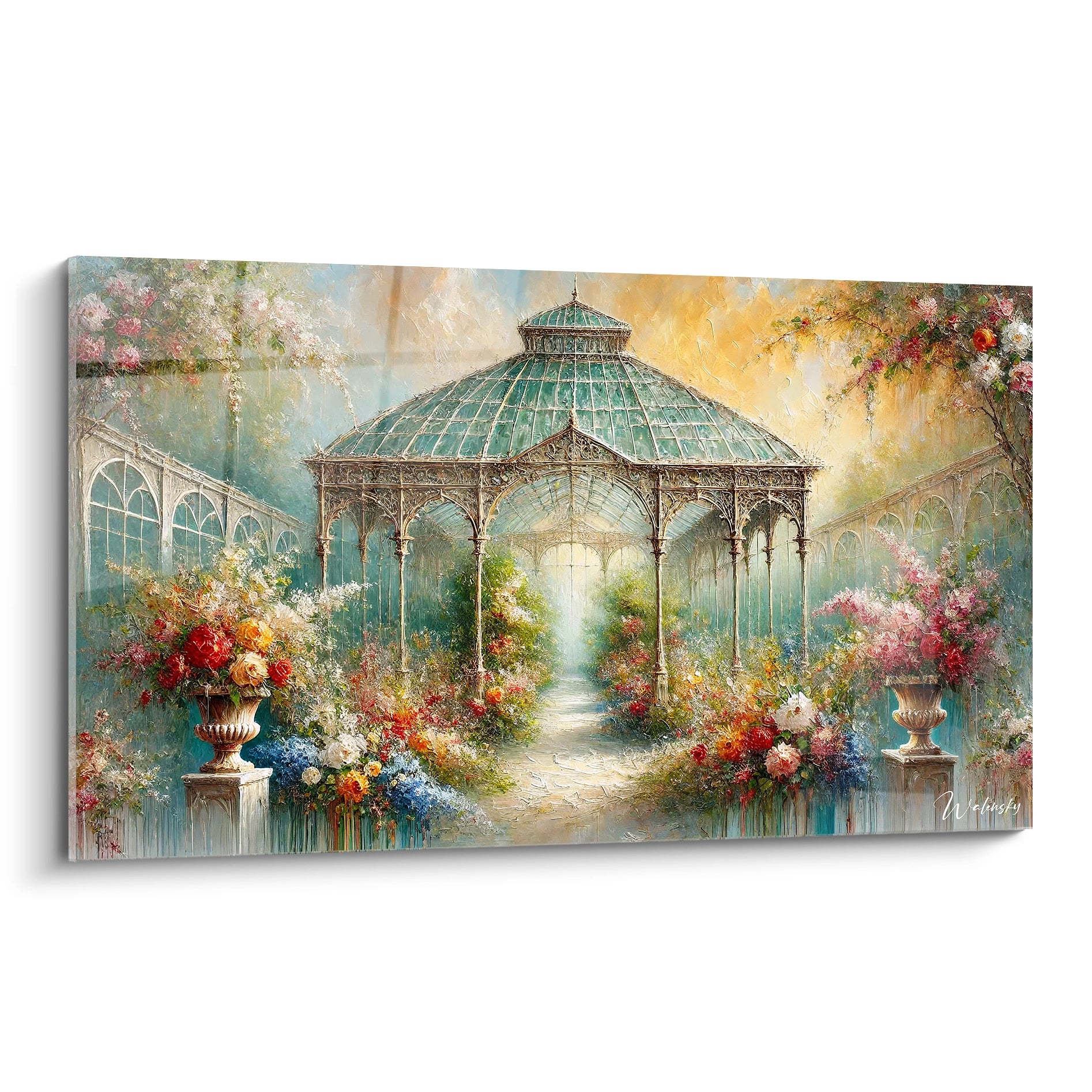 Tableau Jardin vu de biais, avec des details de fleurs ecloses et de structure en fer forge. Ce tableau melange nature et architecture, parfait pour une deco lumineuse et apaisante.

