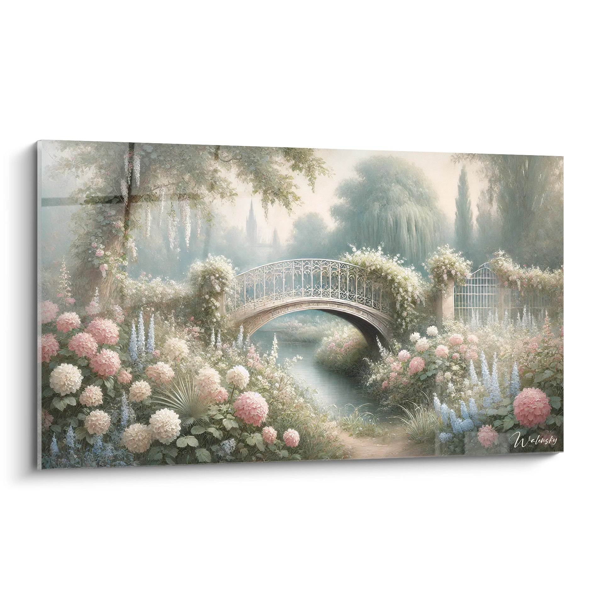 tableau Jardin vu de biais capturant la serenite d un jardin romantique fleurs lumineuses pont delicat au-dessus de la riviere une invitation a la contemplation des details naturels et poetiques

