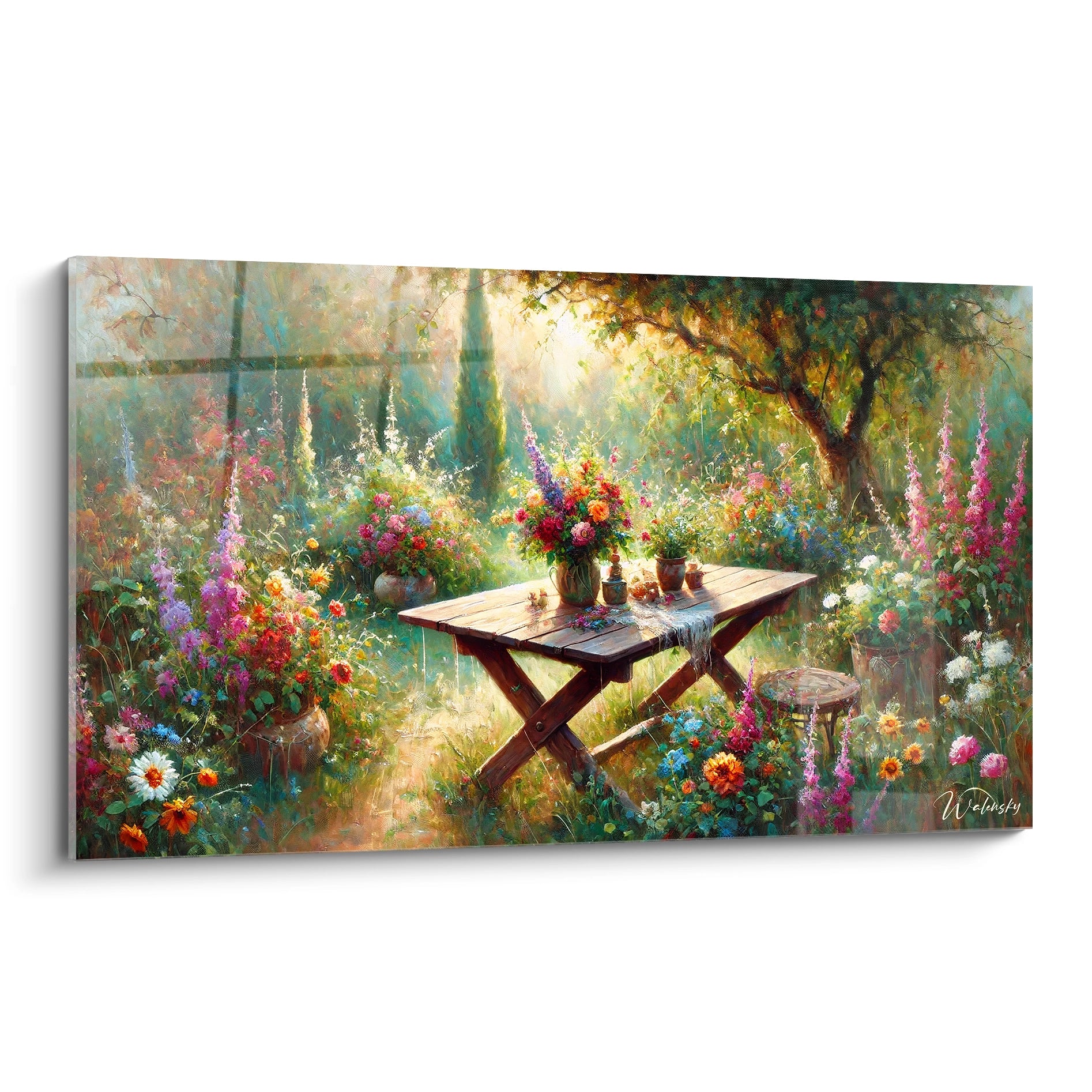 Tableau jardin vue de biais capture la serenite d'un jardin ensoleille Les couleurs vives et la texture vibrante invitent a l'evasion parfaite pour sublimer n'importe quel espace interieur

