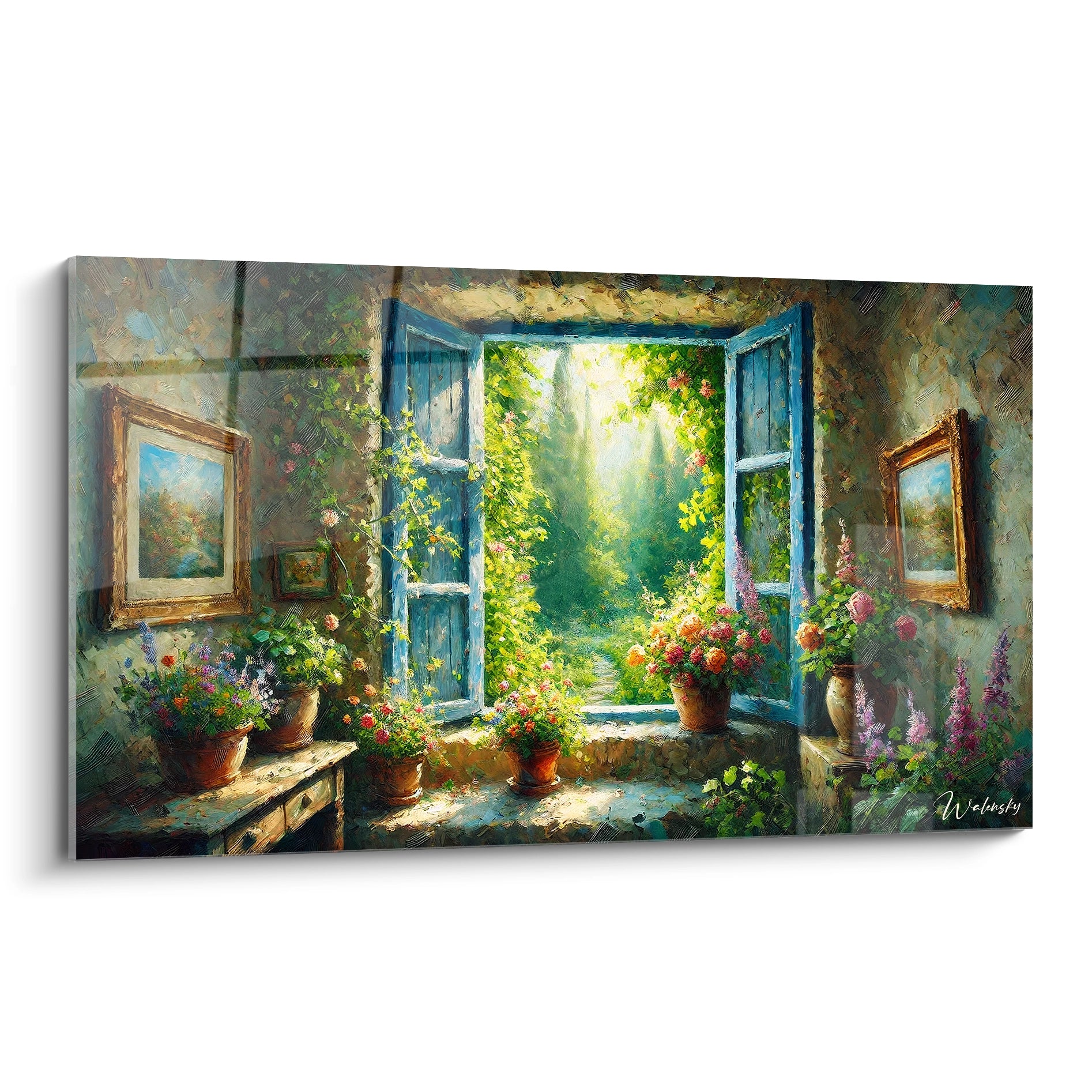 tableau jardin vue de biais offrant une immersion dans un matin ensoleille face a un jardin luxuriant baigne de lumiere douce Les volets bleus grand ouverts invitent a la contemplation de la nature

