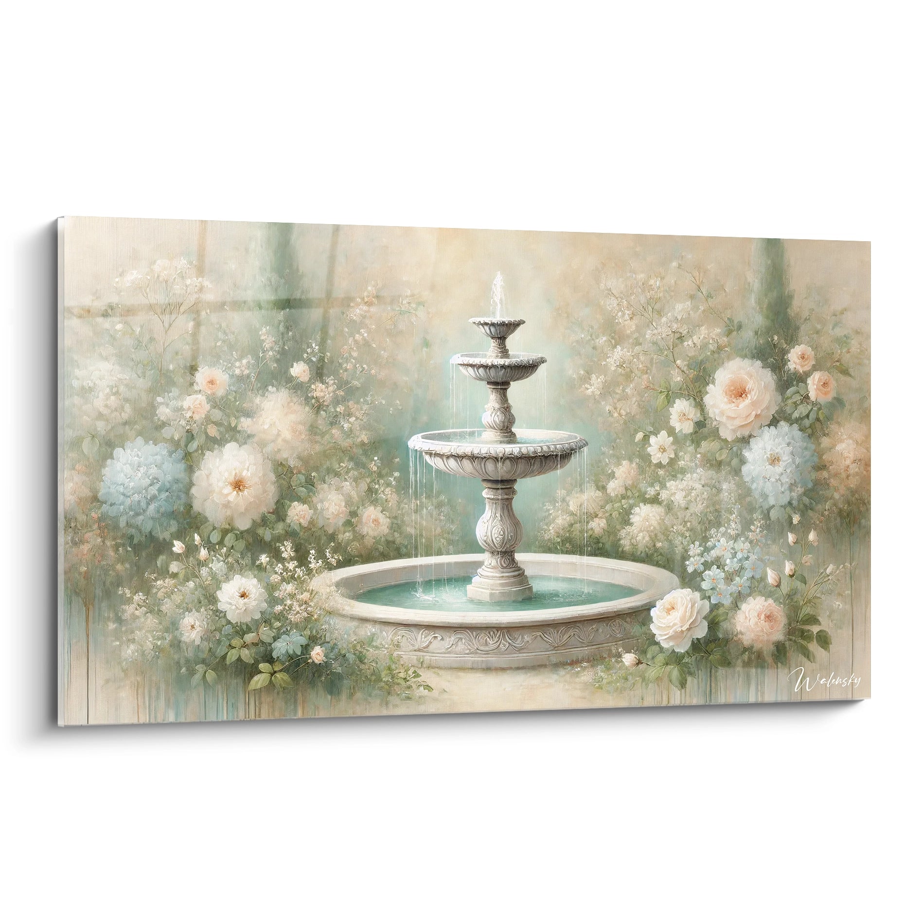 Tableau Jardin vue de biais mettant en scene une fontaine elegante entouree de fleurs en pleine floraison. Apportez un souffle de serenite et d'evasion dans votre interieur

