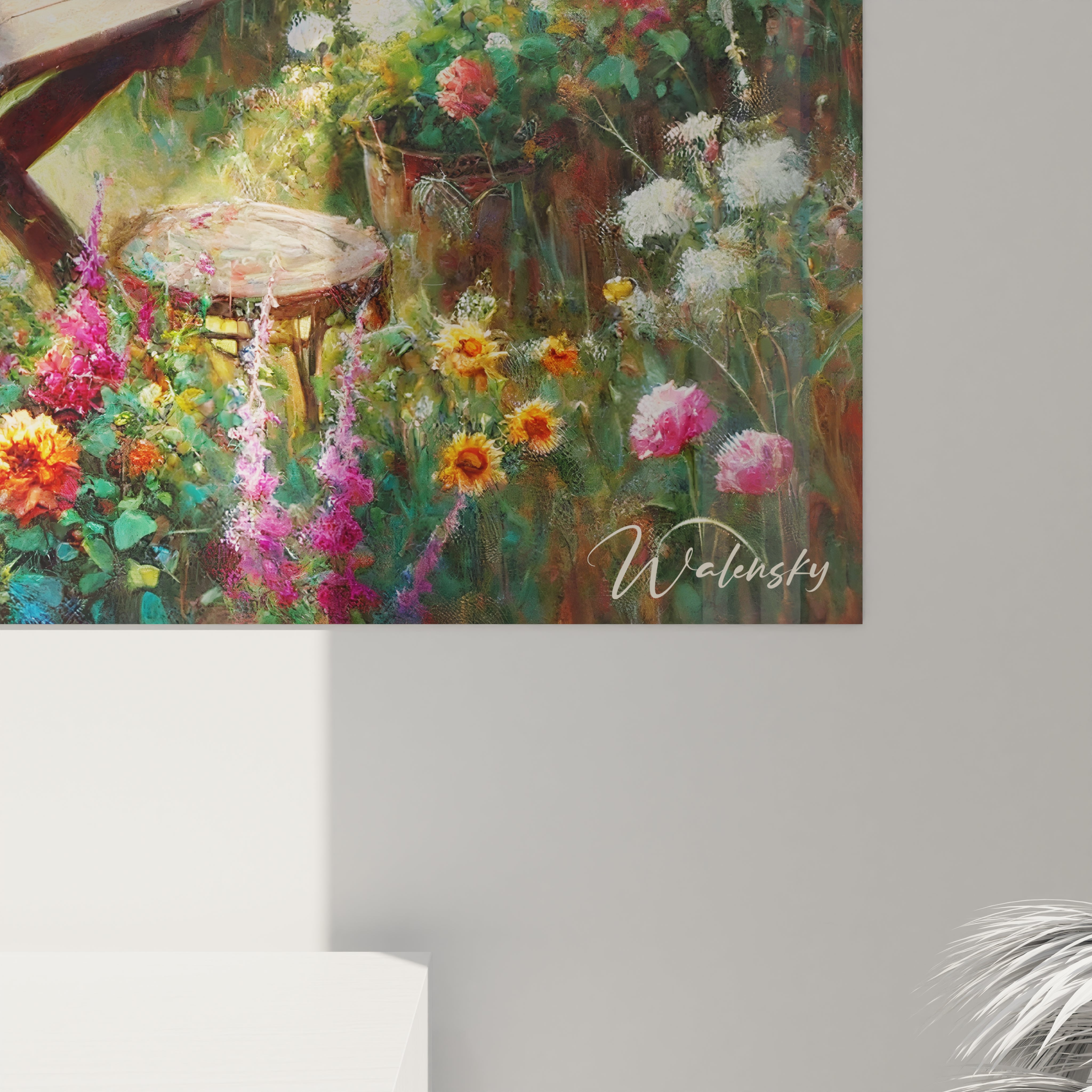 Vue rapprochee du tableau jardin Revelant les textures et couleurs vives des fleurs sauvages Une composition impressionniste qui invite a la contemplation et au calme






