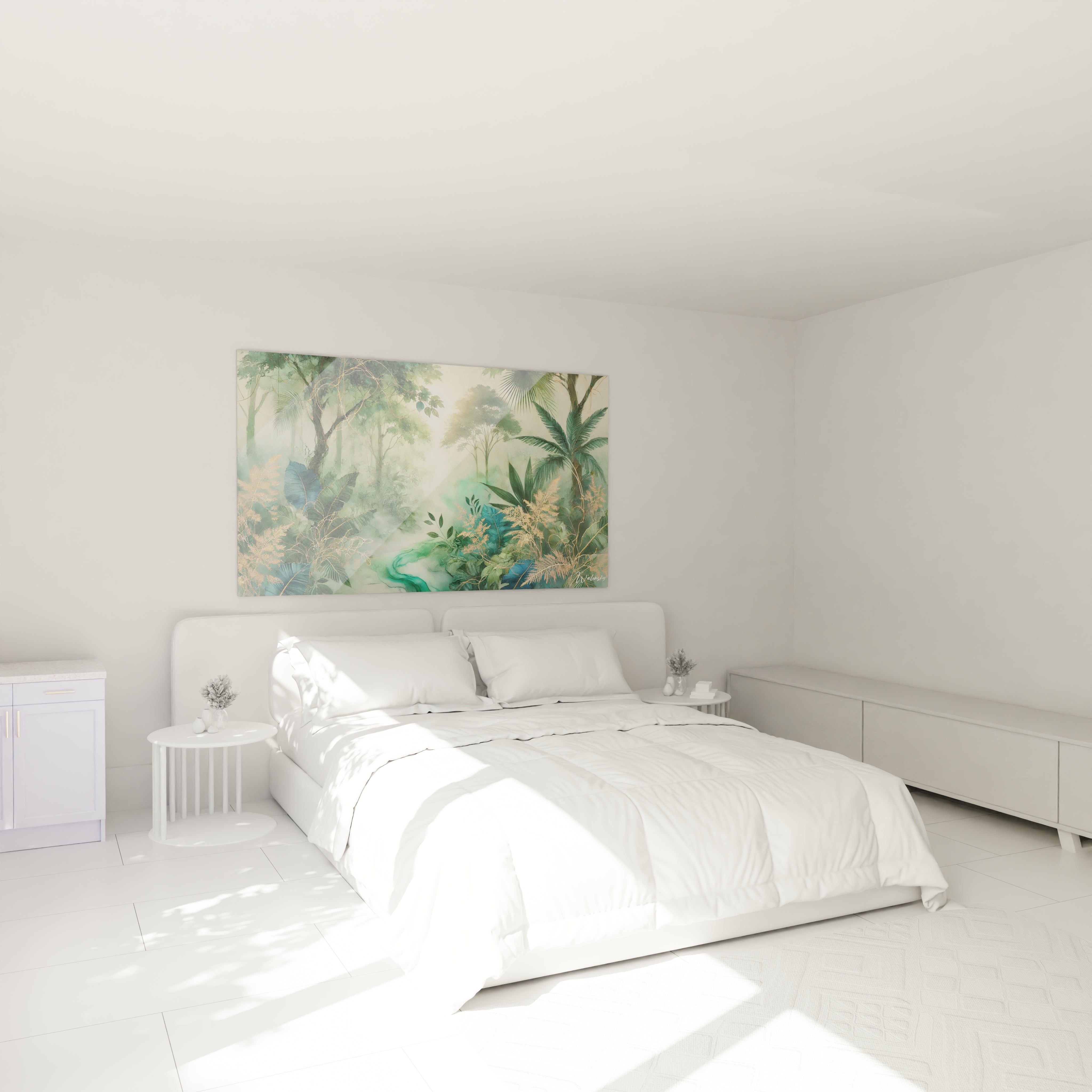 Transformez votre chambre avec ce tableau jungle accroché au-dessus du lit. Ses couleurs apaisantes et sa touche mystique invitent à la contemplation et à la tranquillité.

