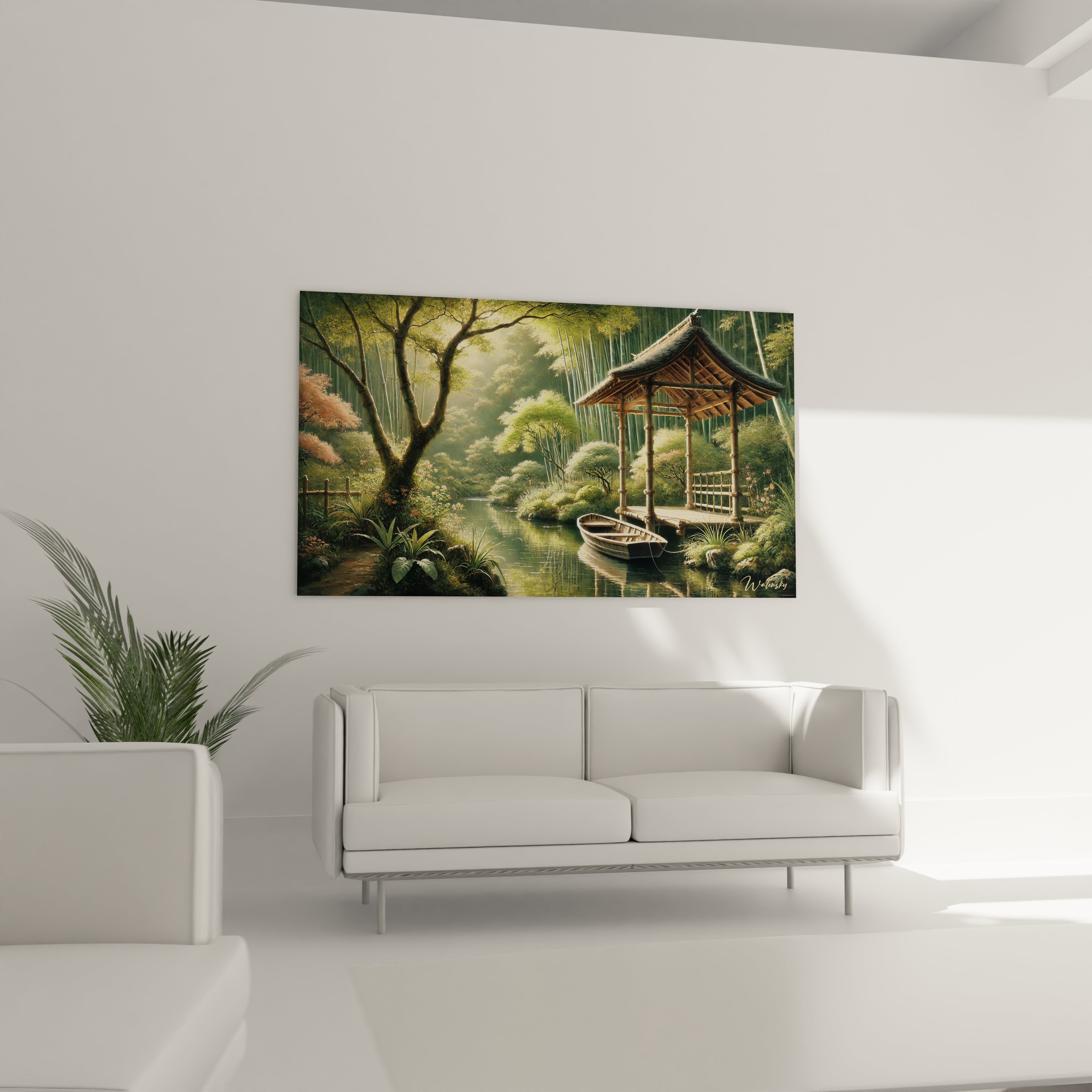 Ce tableau jungle illumine le salon au-dessus du canapé, apportant une note de tranquillité et de charme naturel. Un élément décoratif qui invite à la contemplation.

