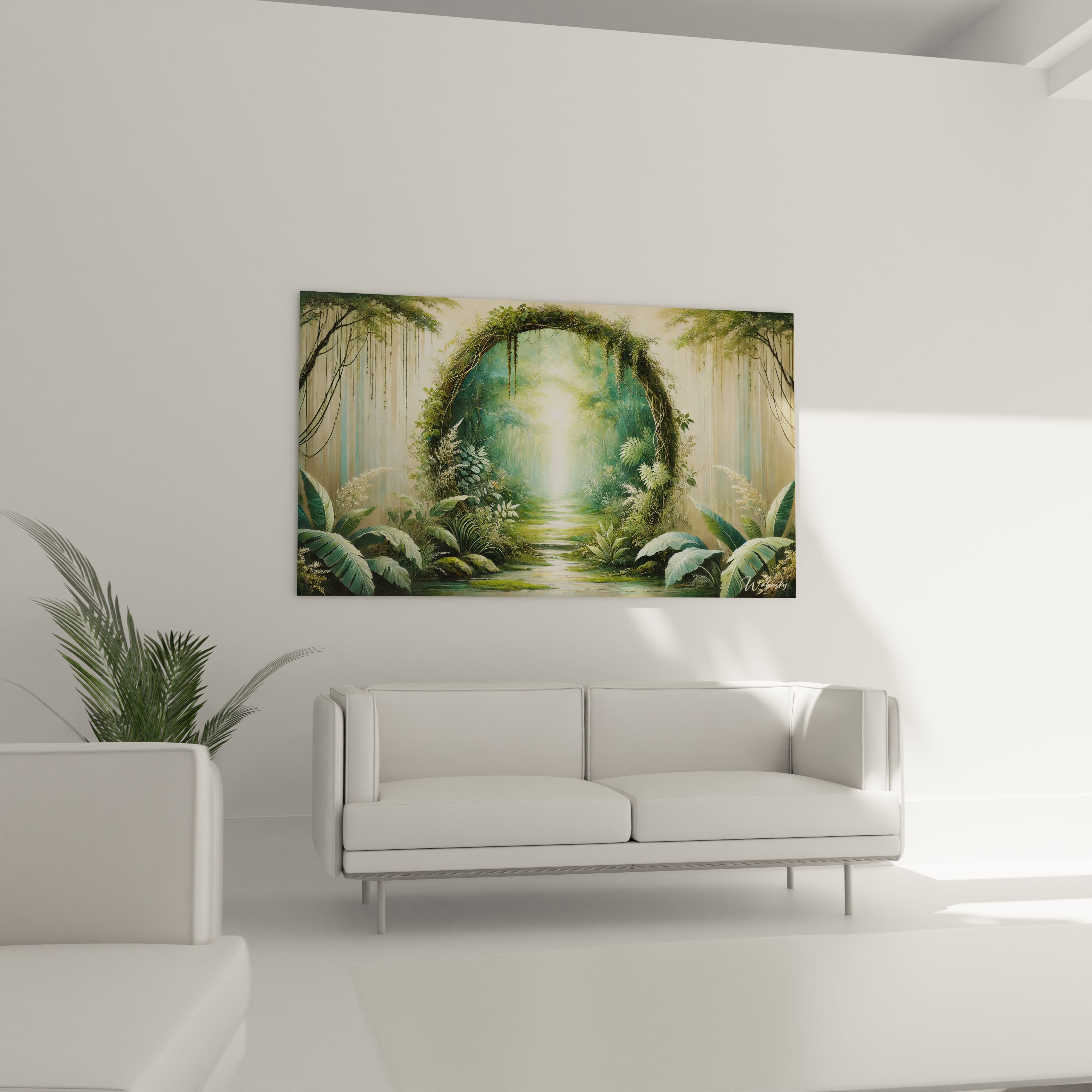 Ce tableau jungle embellit votre salon, accroché au-dessus du canapé. Ses nuances de vert et ses reflets dorés apportent une touche de nature et de sérénité à votre espace.

