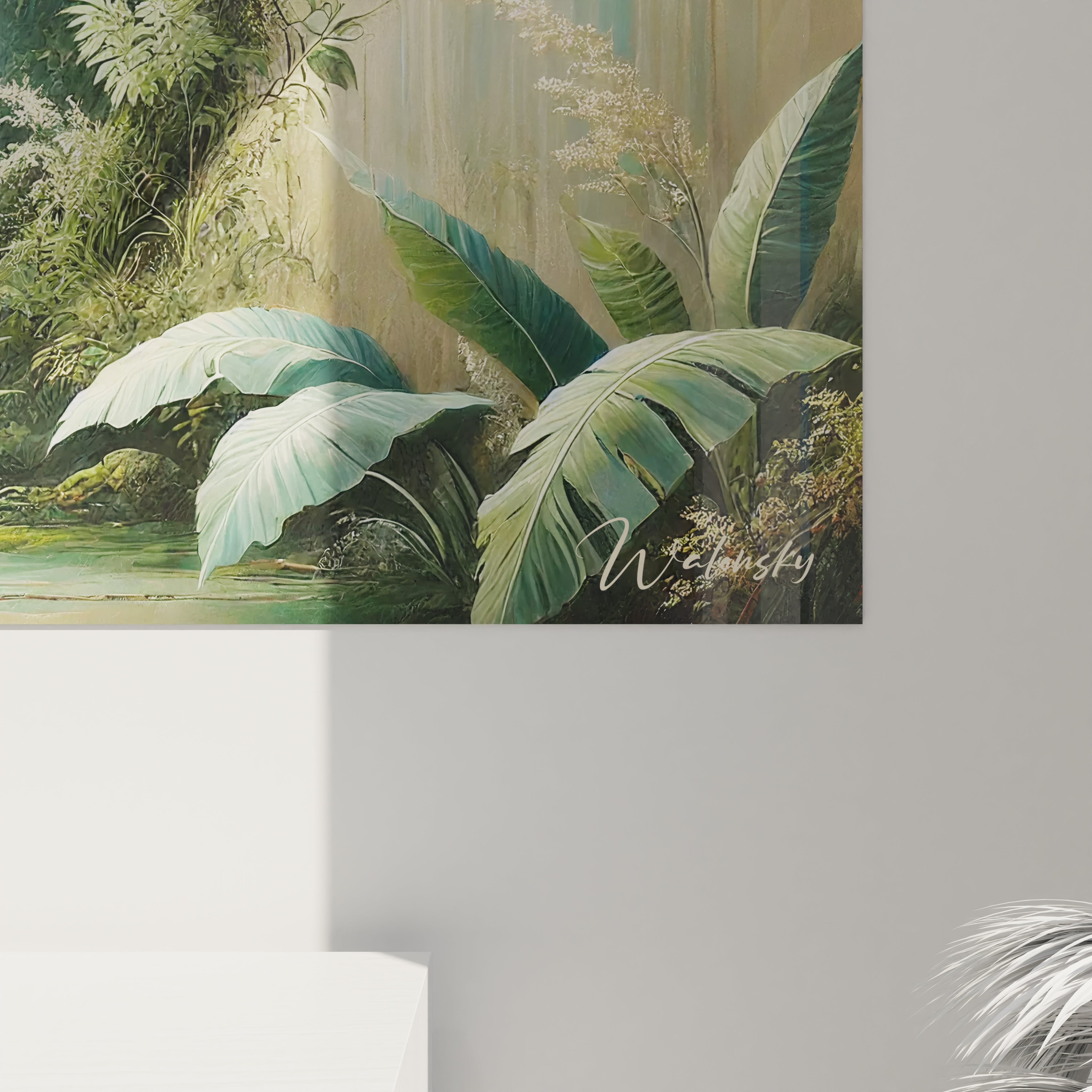 Admirez de près ce tableau jungle, où chaque détail de la végétation prend vie. Sa lumière dorée et ses textures riches promettent une immersion dans la beauté de la nature.






