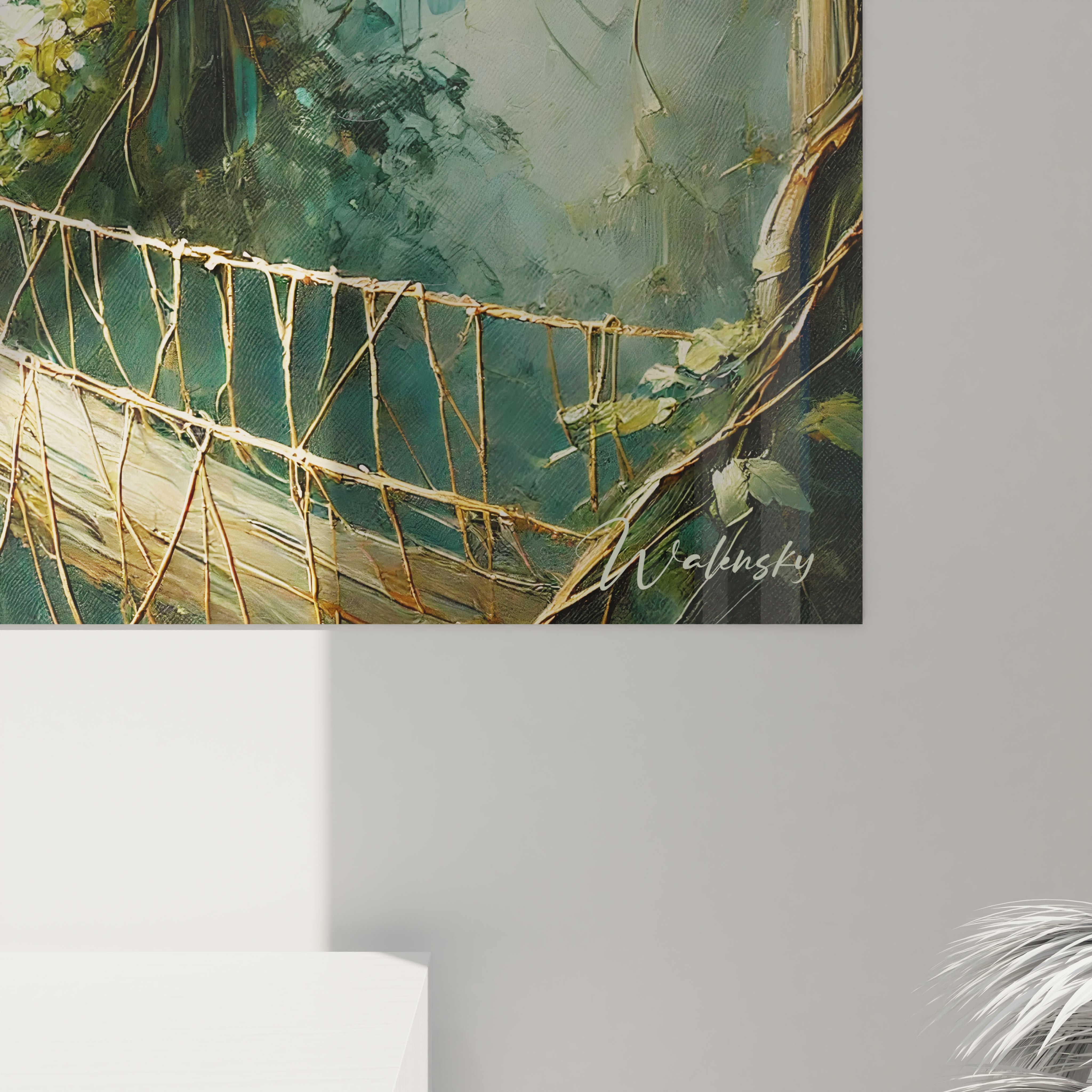 Admirez de près ce tableau jungle, révélant chaque détail de la végétation luxuriante et du pont suspendu, offrant une expérience visuelle immersive et captivante.






