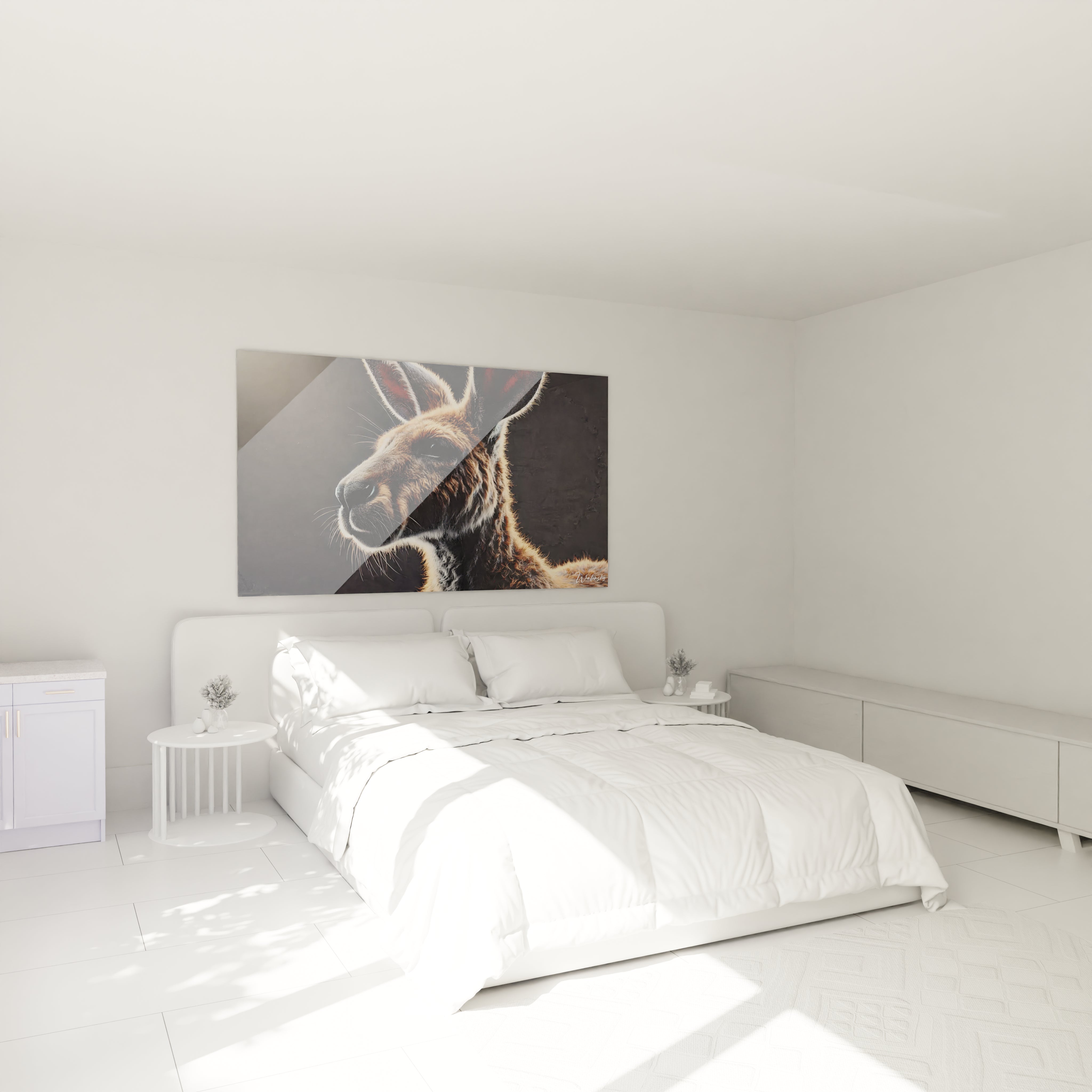 dans cette chambre transformée par le tableau kangourou l'intensité de son regard et sa posture fiere deviennent le point focal parfait pour apporter une touche de modernité et d'élégance a l'espace

