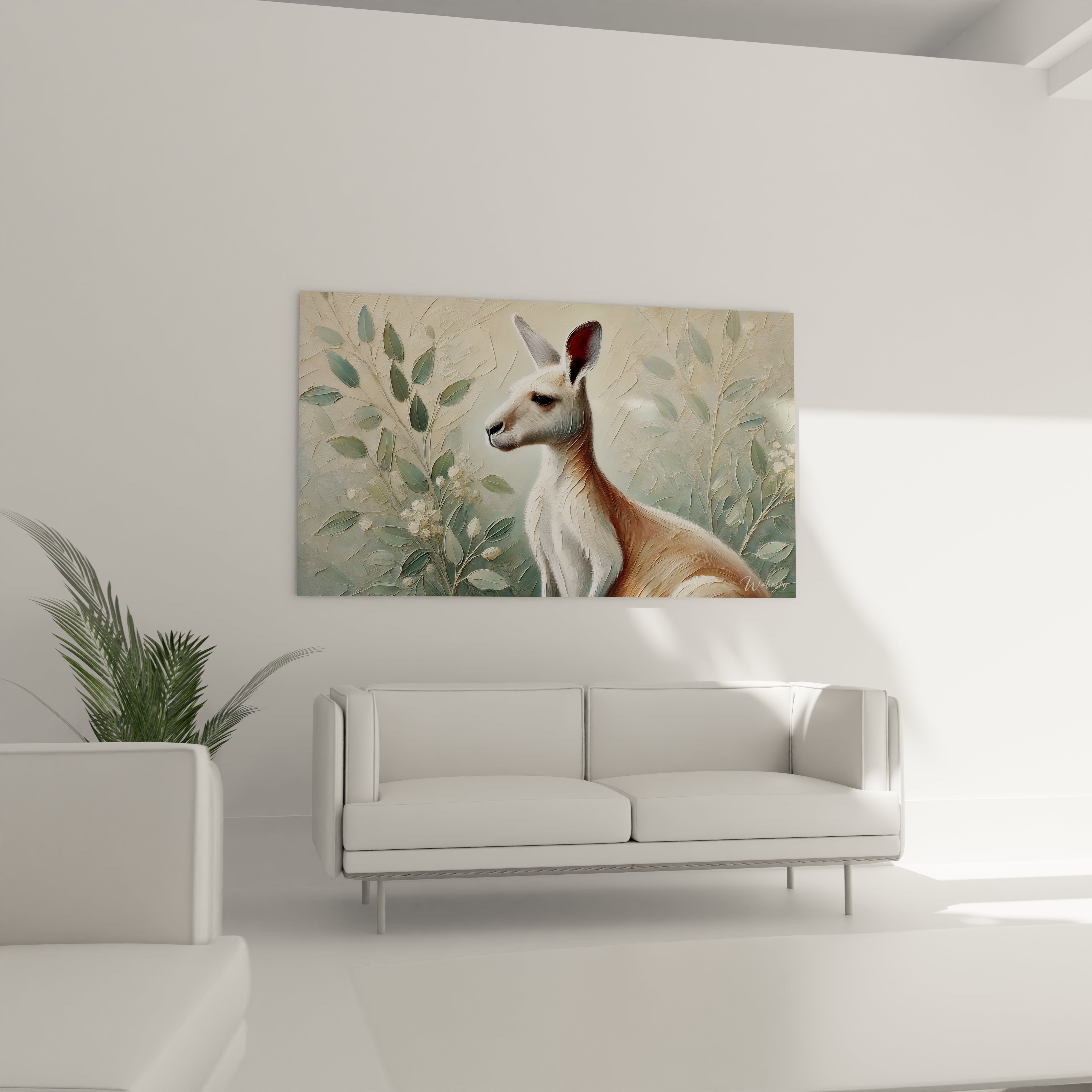 Apportez la nature dans votre salon avec ce tableau kangourou accroché au-dessus du canapé. La tranquillité de l’animal et l’harmonie des teintes apaisantes s’intègrent parfaitement à votre décoration.

