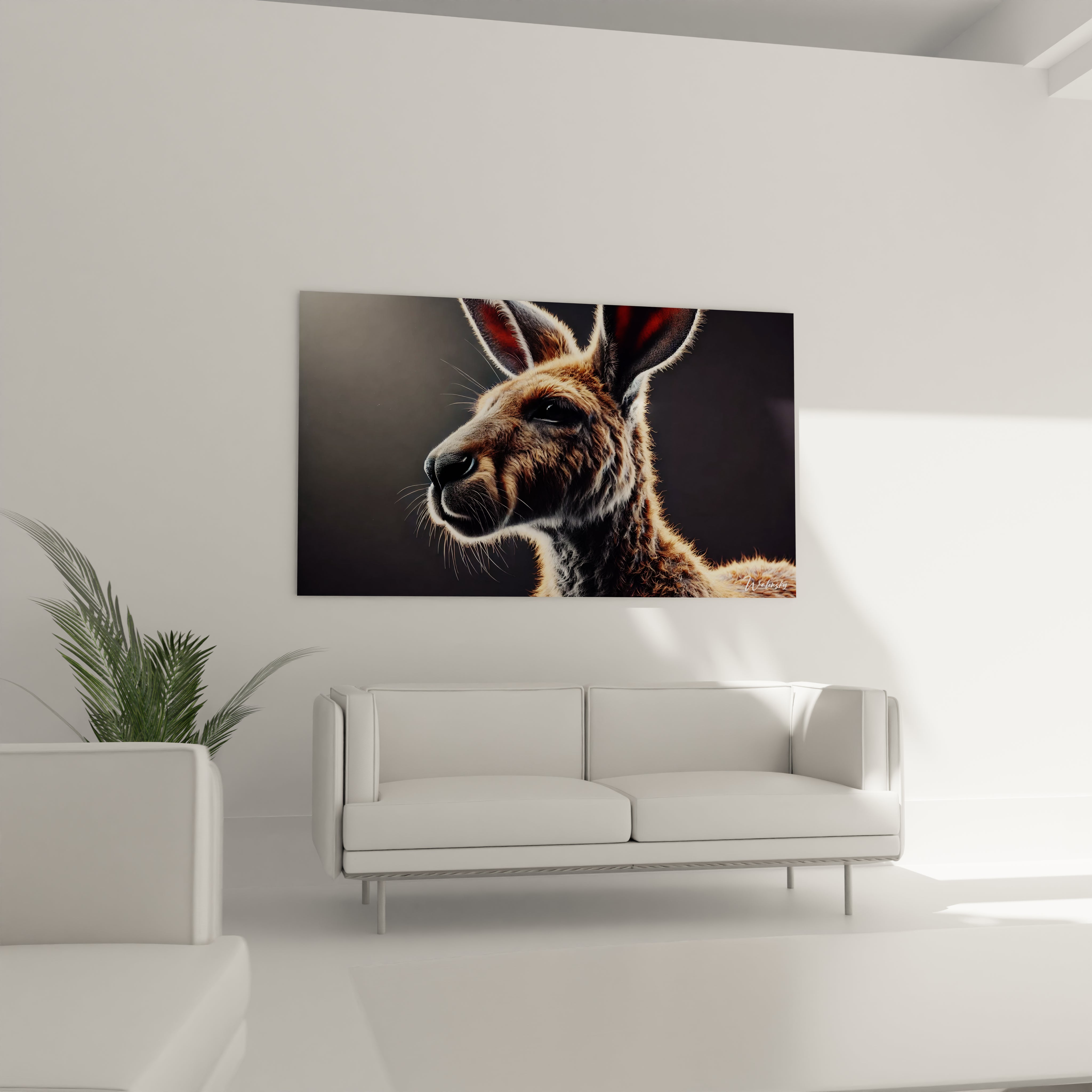 tableau kangourou accroché au dessus du canapé dans le salon ce tableau puissant et realiste cree une ambiance chaleureuse et contemporaine a votre interieur tout en capturant l'essence de la nature

