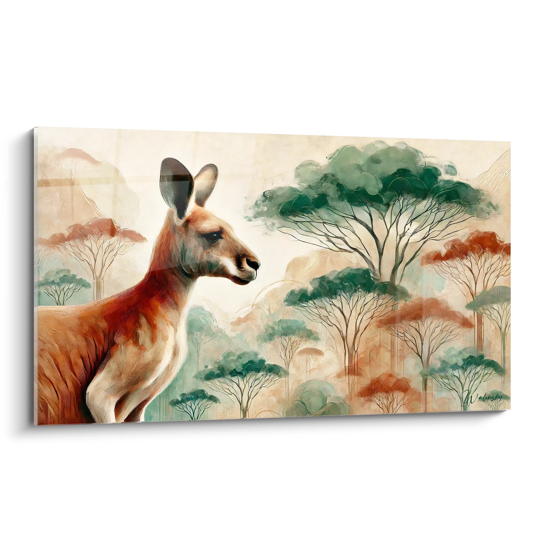 Découvrez ce tableau kangourou sous un nouvel angle, capturant la sérénité de l’animal dans son environnement naturel, fusionnant avec les couleurs douces du paysage australien, idéal pour évasion.

