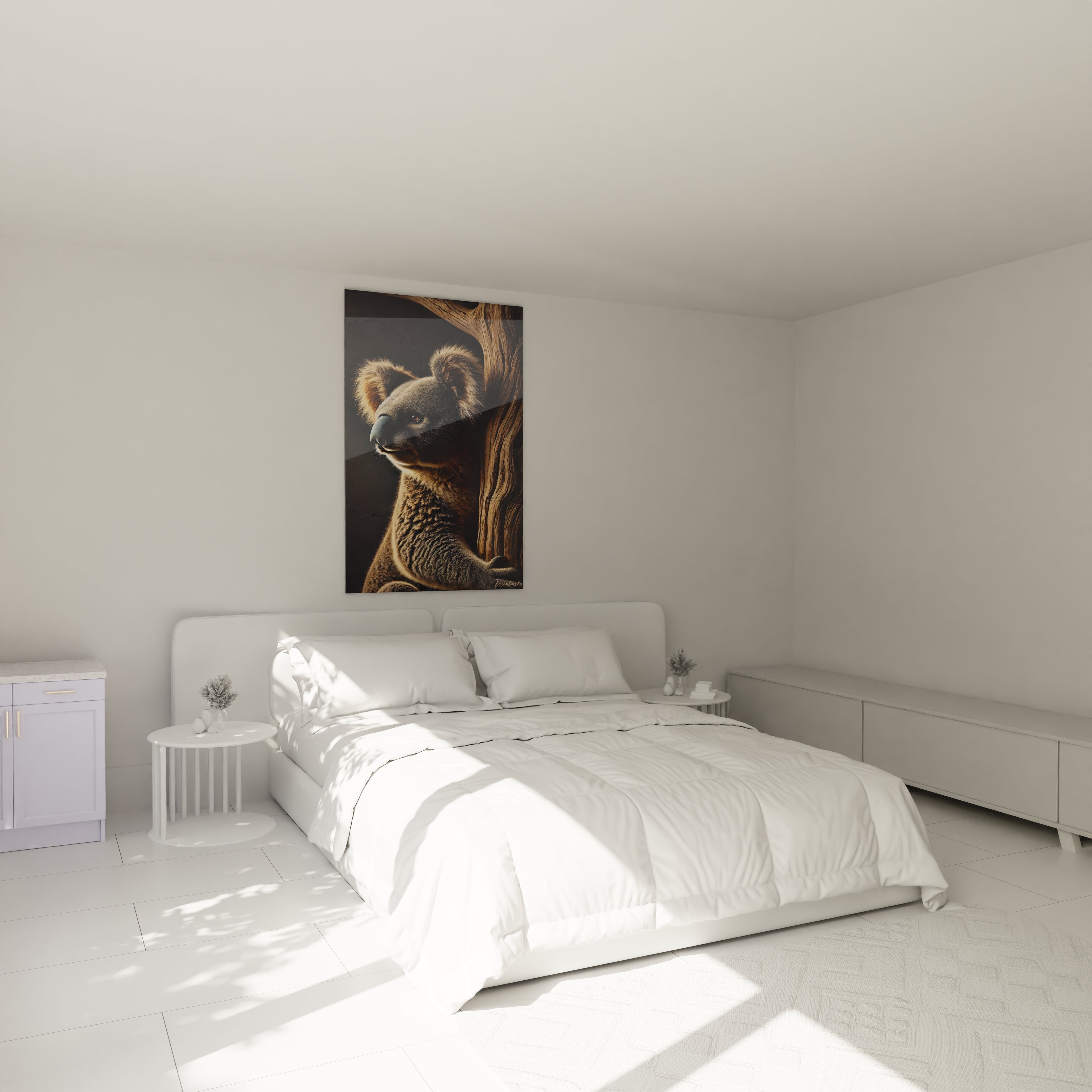 Dans cette chambre, le tableau koala au dessus du lit crée une atmosphère de calme et de serenité. Parfait pour ceux qui cherchent à intégrer la nature dans leur interieur.

