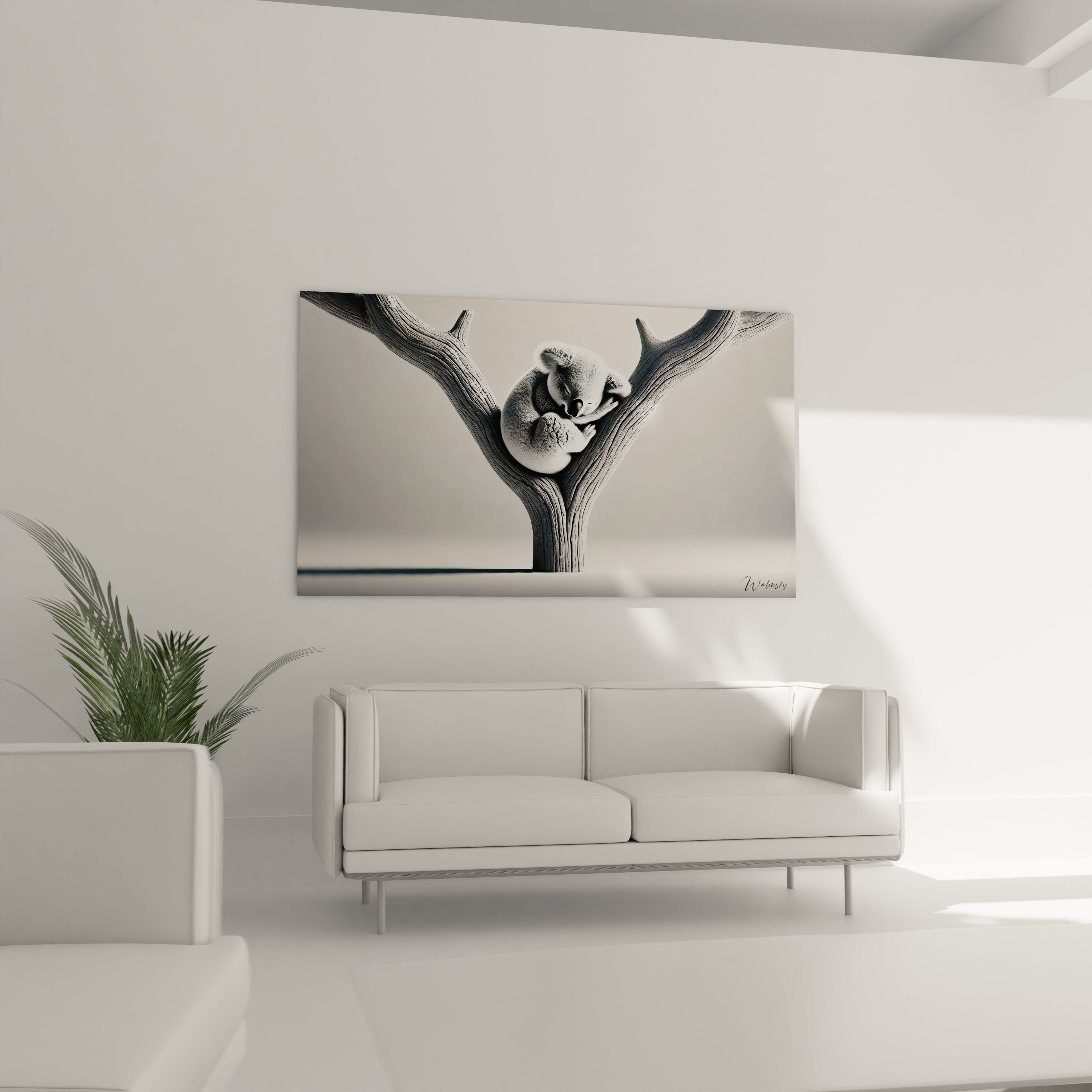 Ce tableau koala est parfait dans un salon au-dessus du canapé. Son design minimaliste et ses couleurs neutres apportent une ambiance relaxante et sophistiquée à votre espace.

