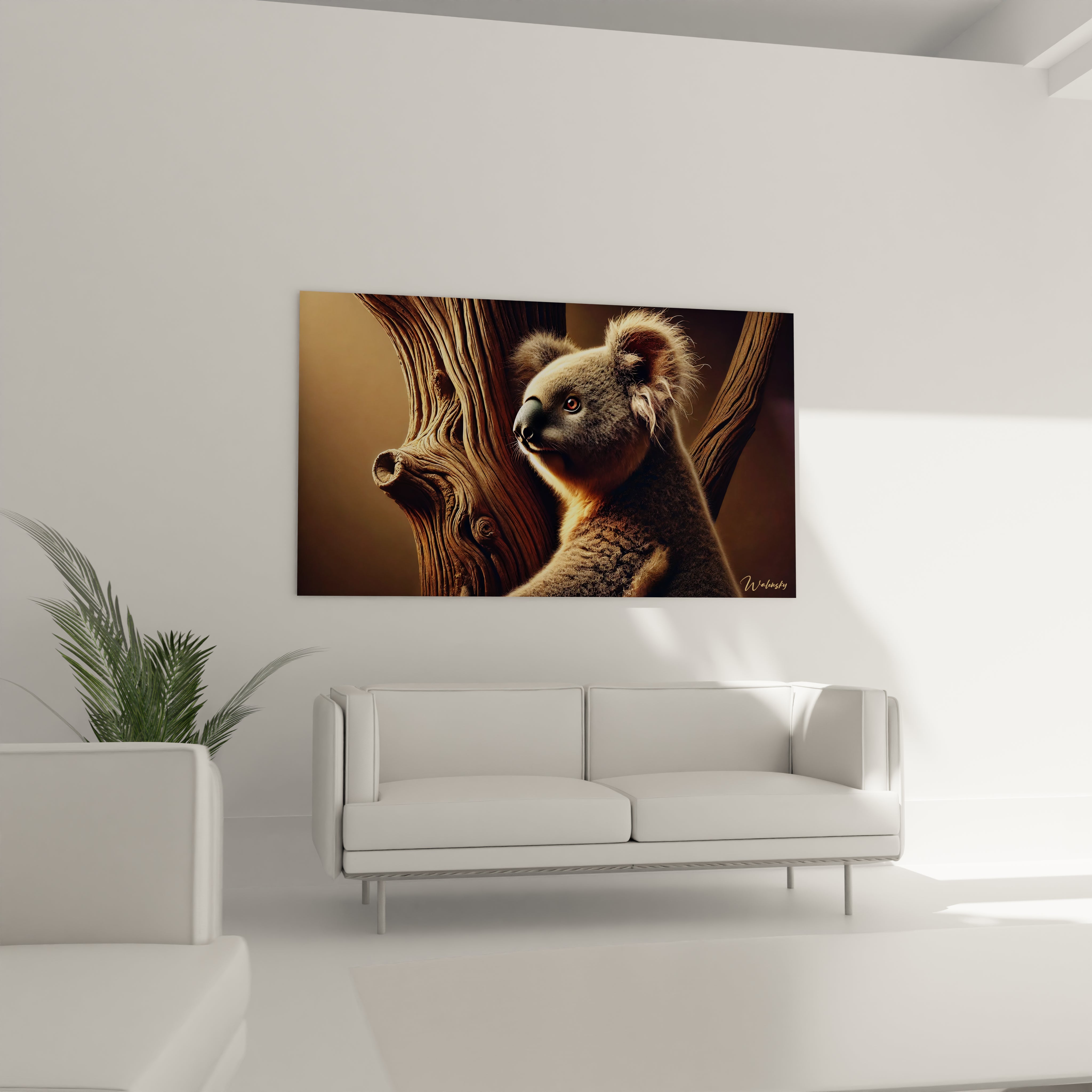 tableau koala accroché au dessus du canapé dans le salon. Avec ses nuances naturelles, il se fond dans les decors boisés ou minimalistes. Apportez de la chaleur et de la serenite a votre salon

