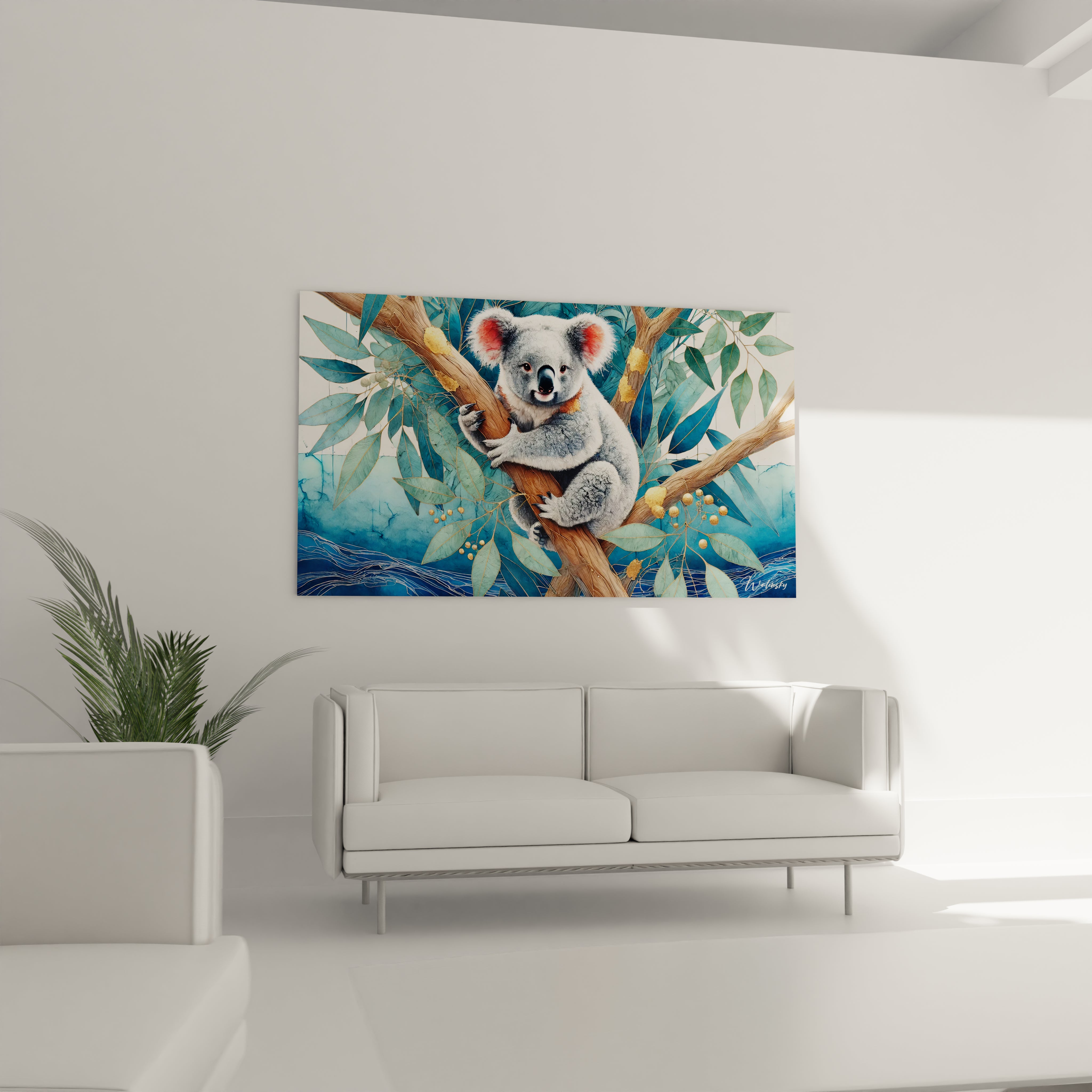 Ce tableau koala au-dessus du canapé dans le salon attire tous les regards. Ses nuances vertes, bleues et dorées apportent une touche exotique et élégante à votre décoration intérieure.

