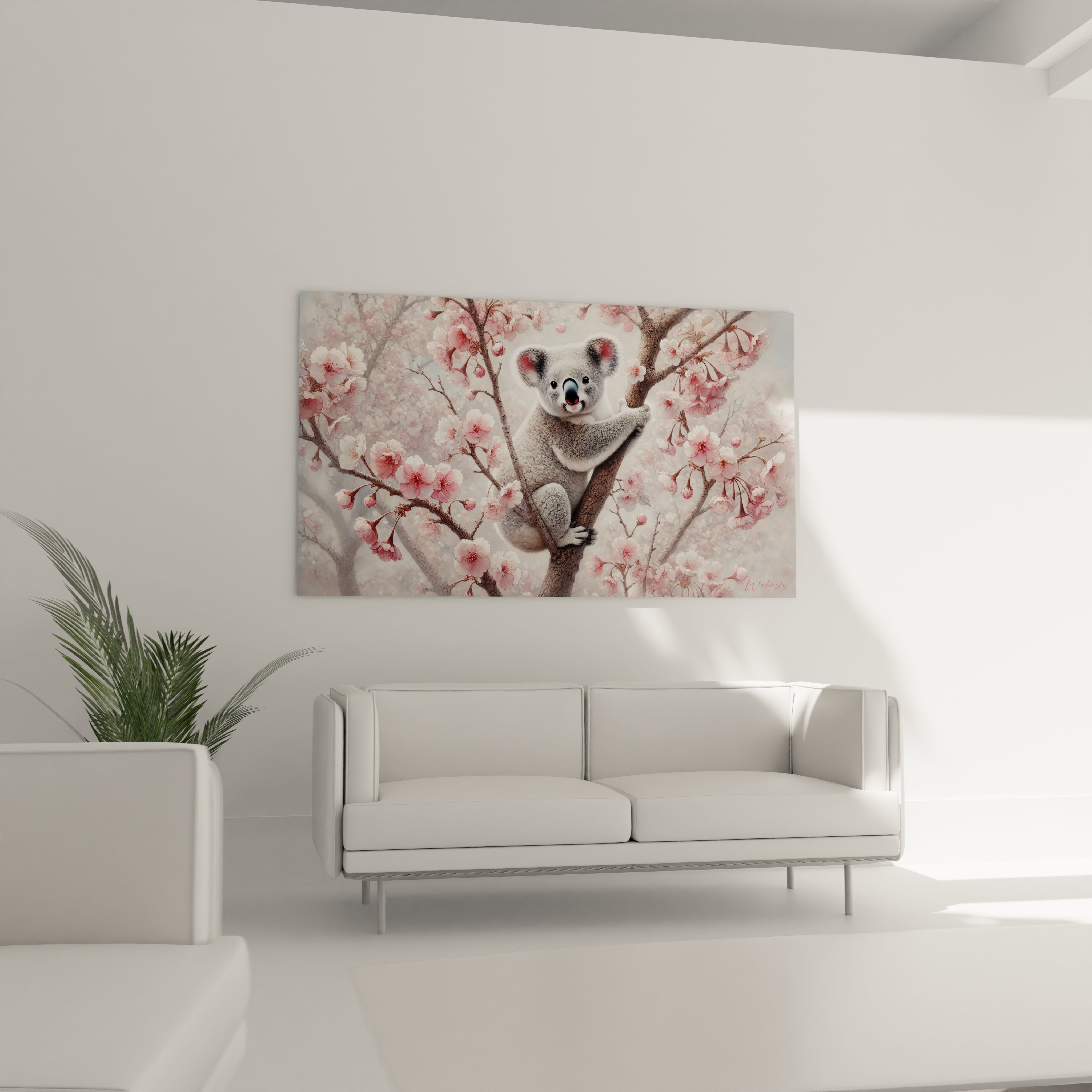 Ce tableau koala sublime votre salon avec une touche de nature poétique. Placez-le au-dessus de votre canapé pour un interieur scandinave ou boheme, en toute serenite.

