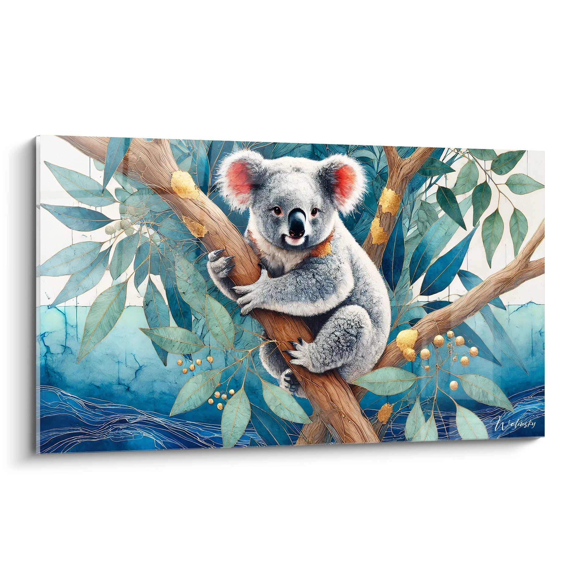 Admirez ce tableau koala vibrant vu de biais, avec ses nuances grises et blanches contrastant magnifiquement avec les feuilles vertes et dorées. Une touche naturelle et artistique unique pour votre intérieur.

