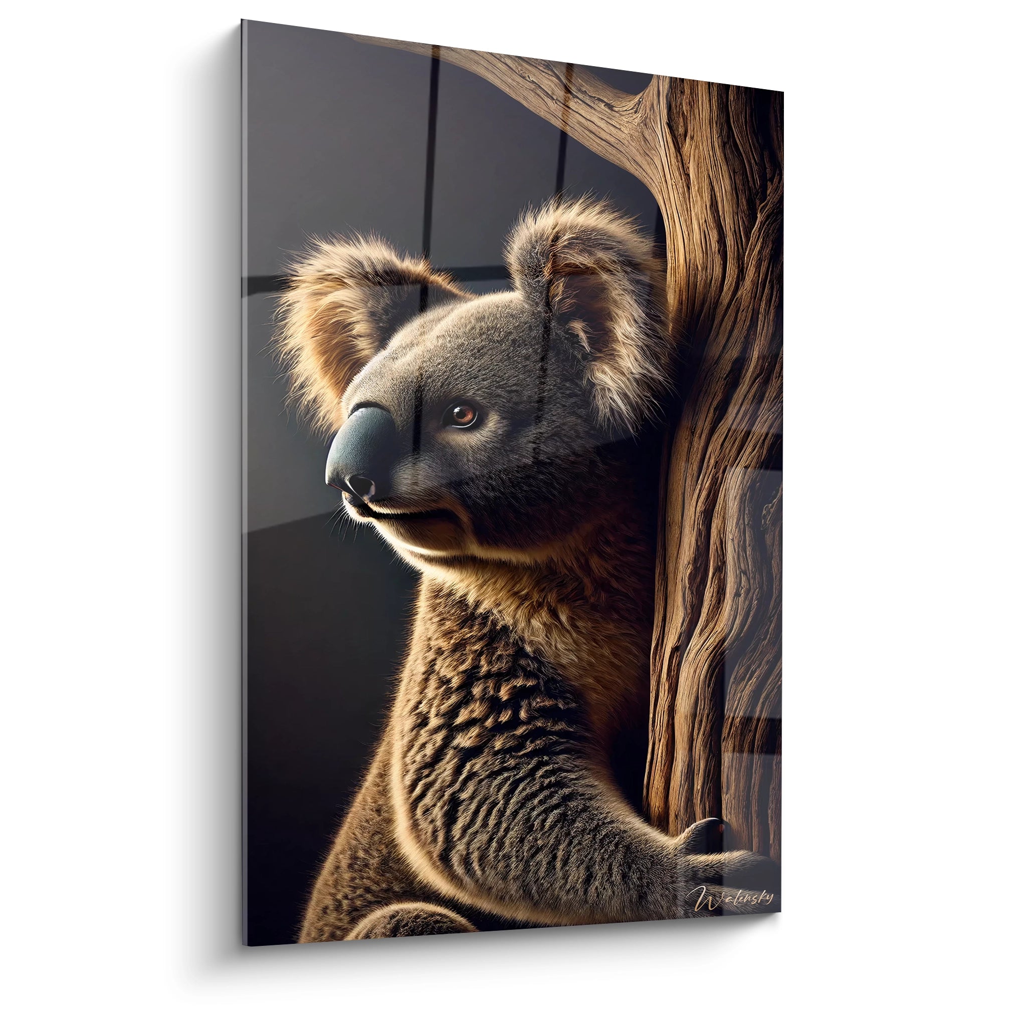 tableau koala vue de biais, capturant la douceur du pelage et le réalisme de l'animal. Ideal pour un espace de vie naturel, ce tableau apporte une touche apaisante et chaleureuse.

