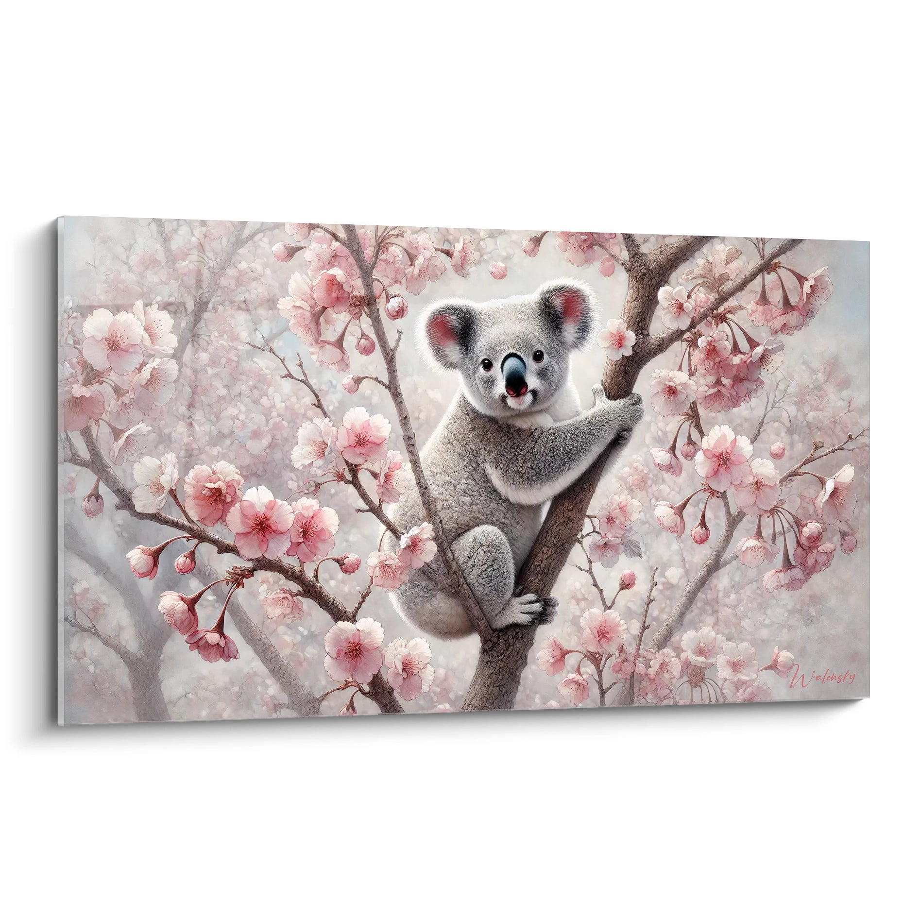 tableau koala vu de biais, parfait pour une decoration naturelle et poétique, avec des teintes douces de gris et de rose. Apportez de la serenite a votre interieur avec cette oeuvre apaisante.

