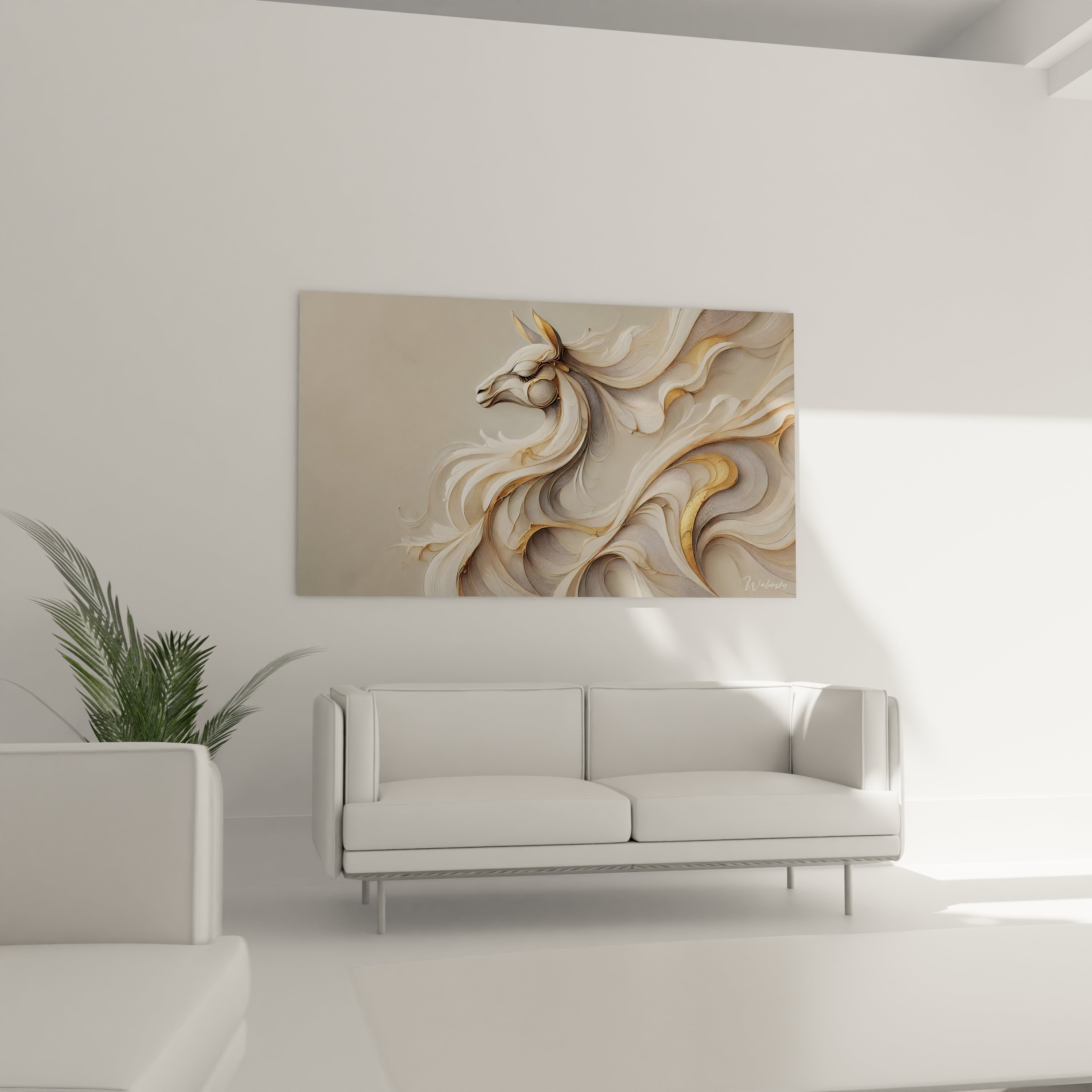 le tableau lama au dessus du canapé cree une ambiance chaleureuse et contemporaine avec ses couleurs douces de beige or et blanc il apporte une touche artistique a votre salon

