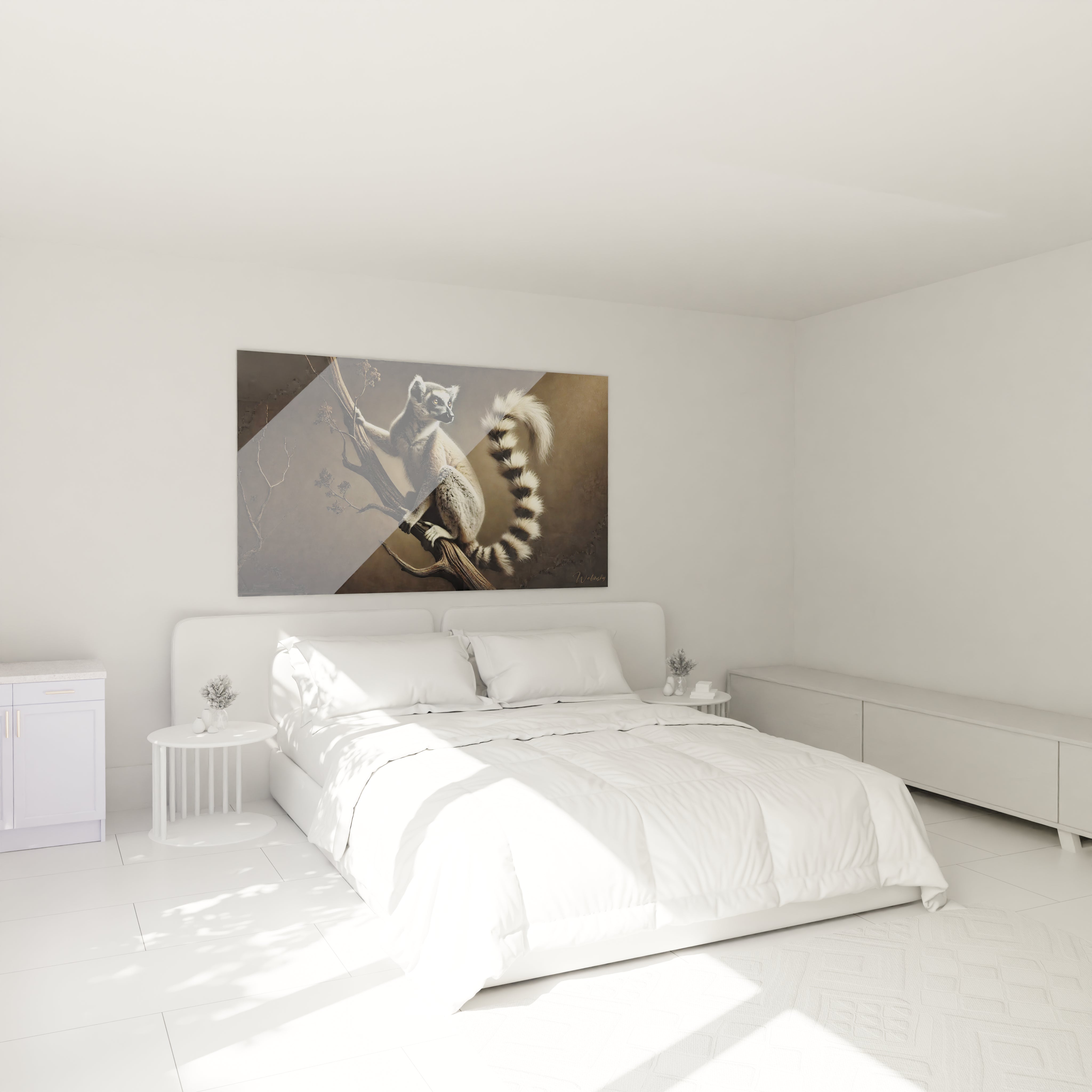 sublimez votre chambre avec ce tableau lemurien accroche au mur au dessus du lit sa posture elegante et ses tons minimalistes ajoutent une touche naturelle et sereine a votre interieur

