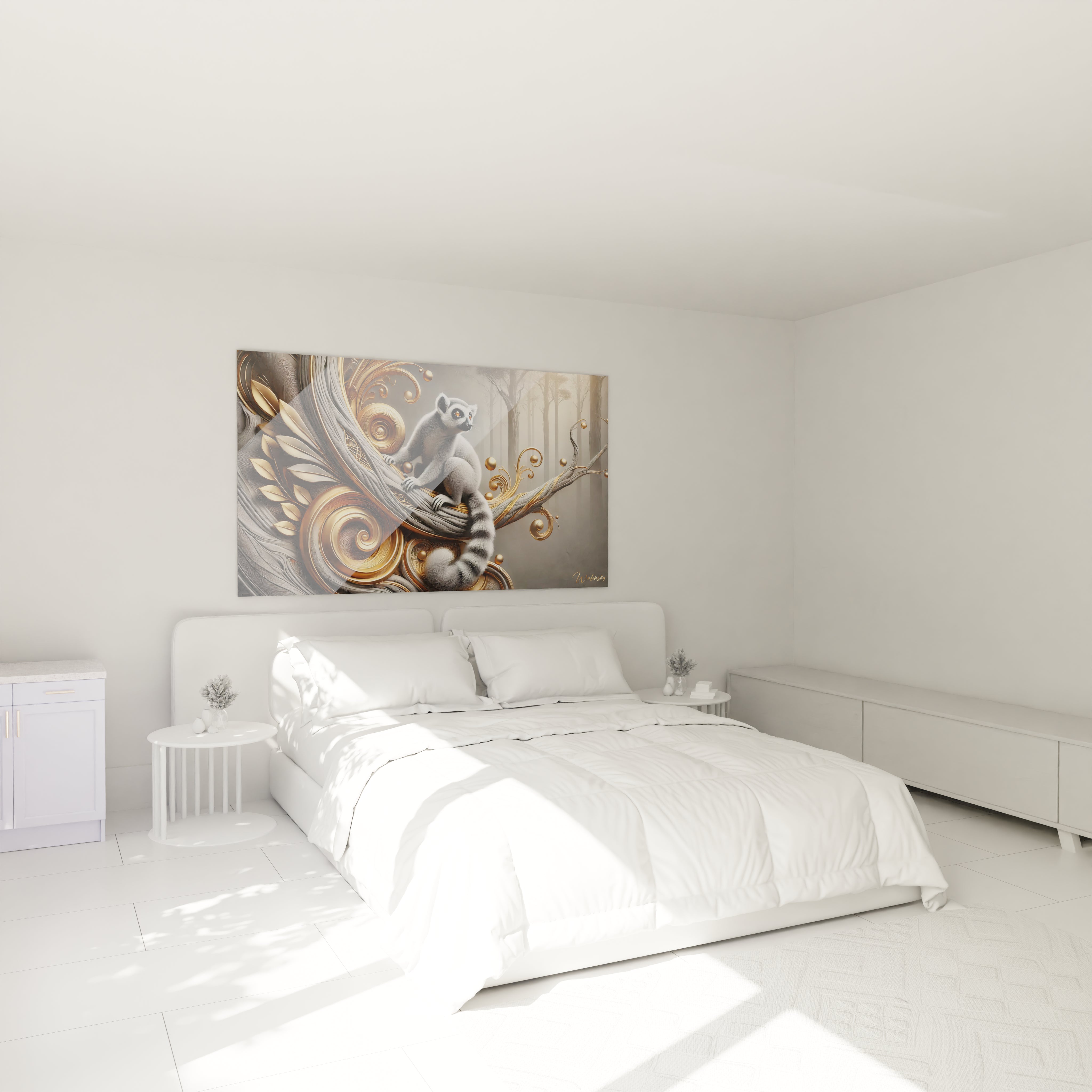 Le tableau lemurien illumine cette chambre au dessus du lit, fusionnant abstrait et realisme. Les tons or et gris creent une ambiance feerique, parfaite pour un espace apaisant et raffine.

