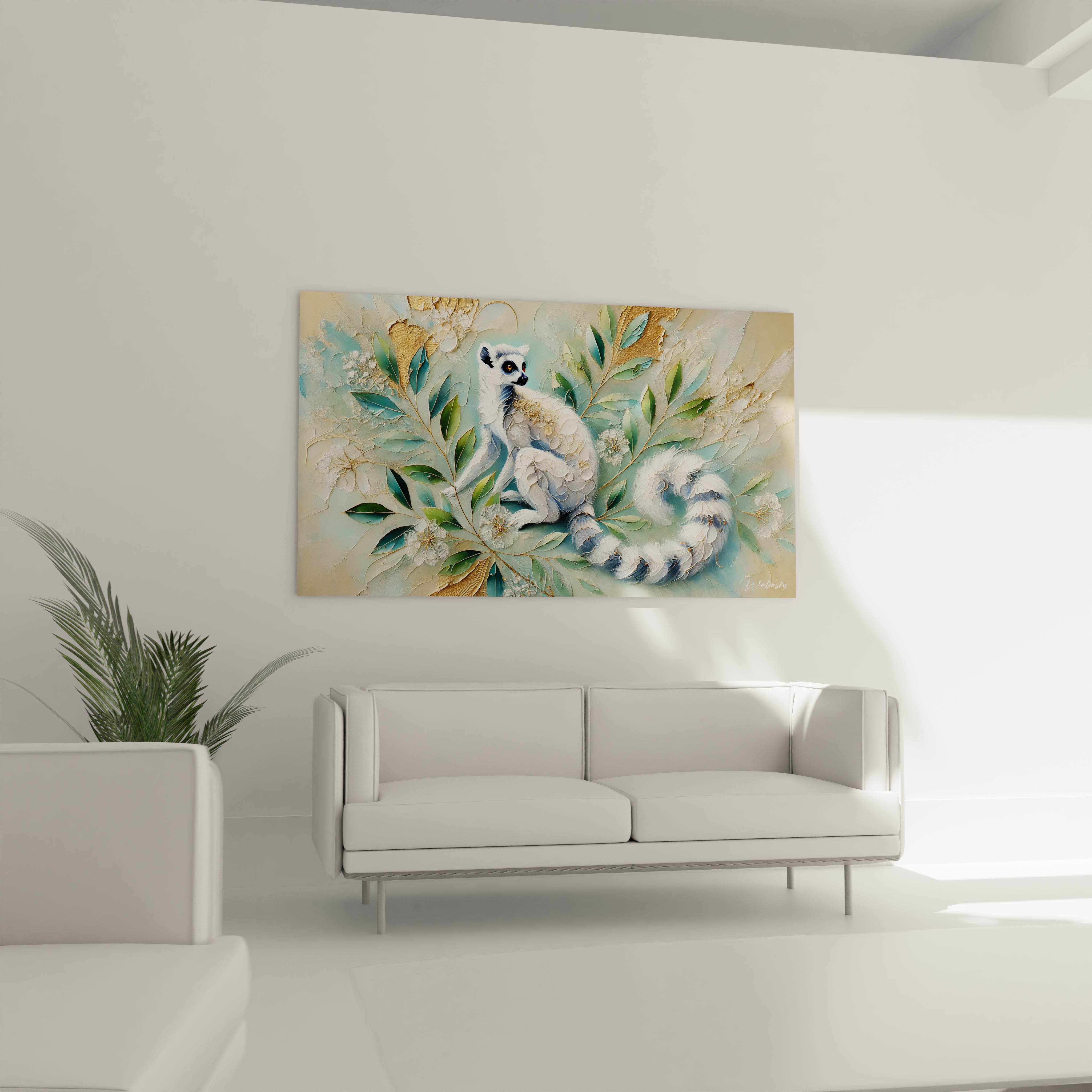 Ce tableau lemurien rehausse votre salon avec son melange de realisme et d'abstraction. Accroche au-dessus du canape, il evoque la beaute de la nature tropicale et invite a la contemplation.

