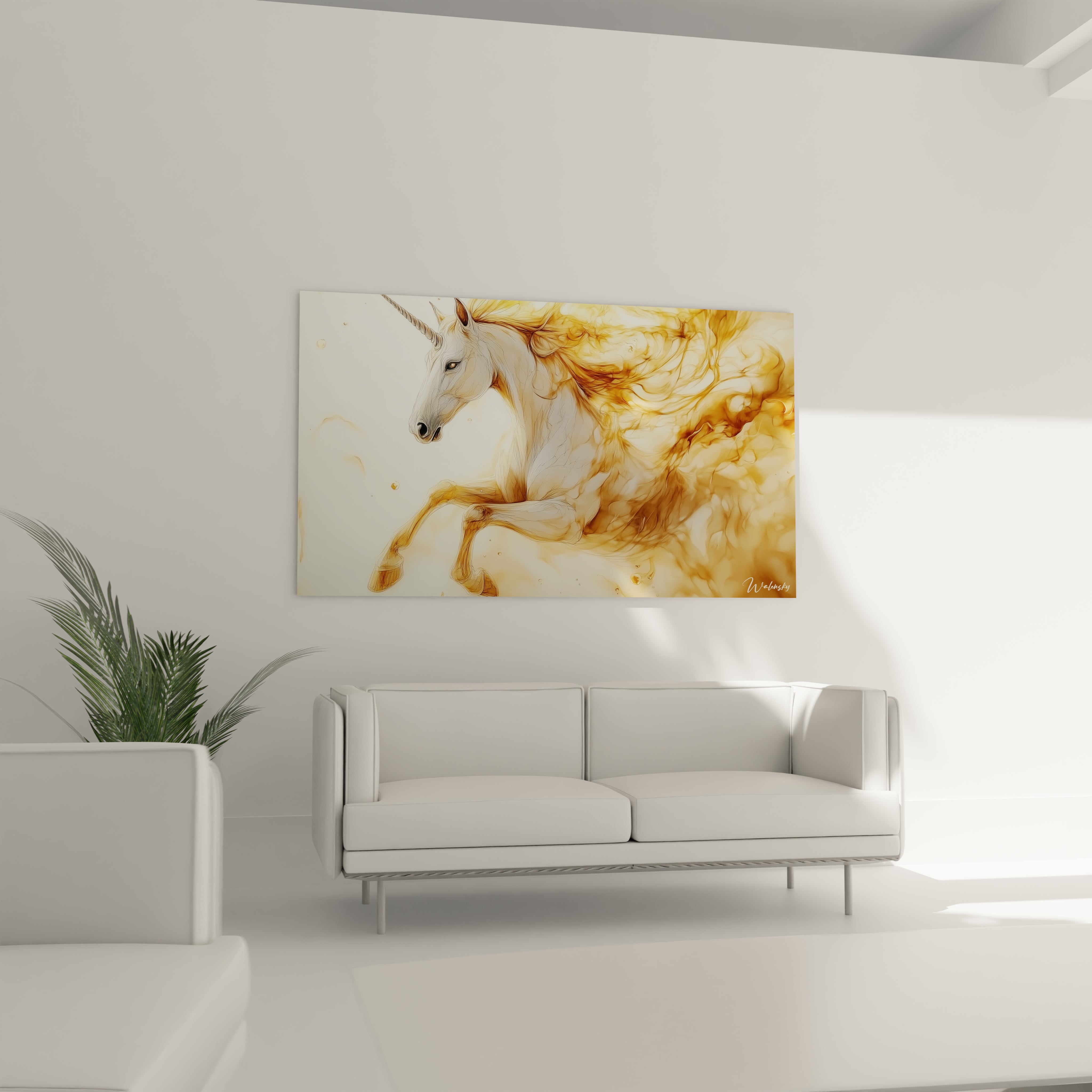 Un tableau licorne en mouvement capturant une créature blanche élancée avec une corne proéminente, dont les crins dorés se dissolvent en effets fluides et transparents, créant un contraste entre la solidité du corps et l'aspect vaporeux des extrémités.

