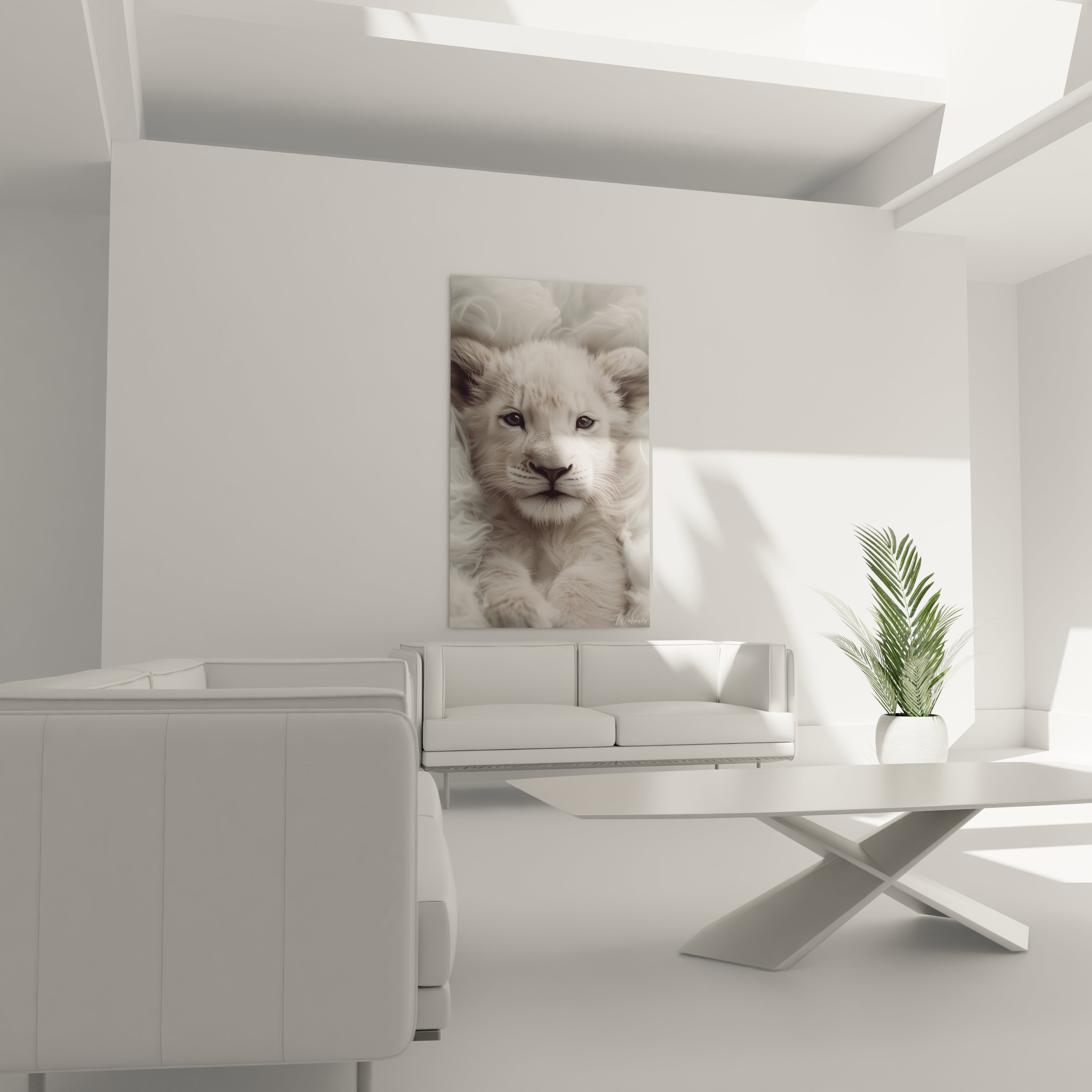 Un tableau lionceau aux traits délicats et au pelage blanc duveteux, présentant un portrait réaliste d'un jeune félin. Les textures douces et les transitions subtiles entre les tons blancs créent une impression de volume et de profondeur.
