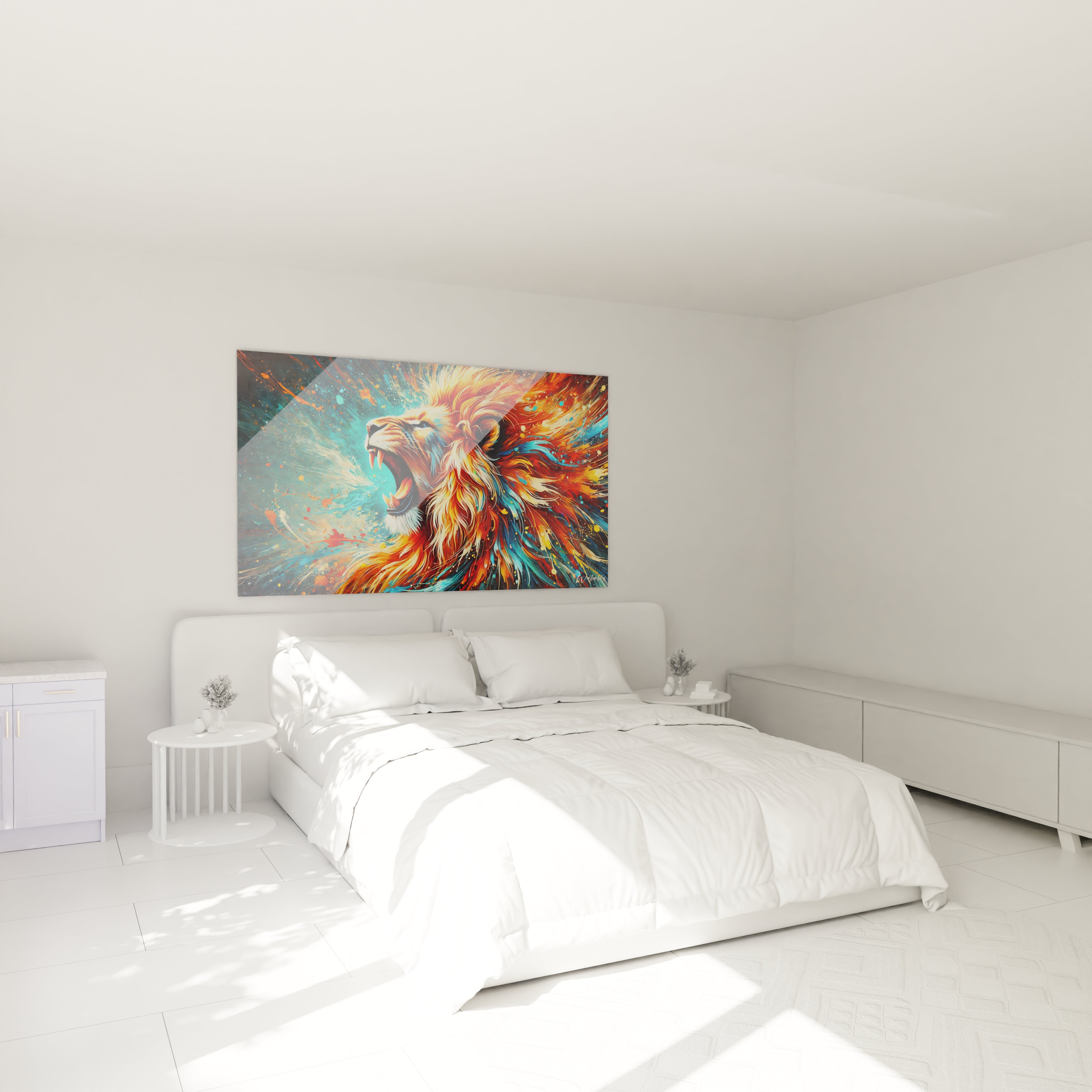 Accroché au-dessus du lit, ce tableau lion  devient la pièce maîtresse d'une chambre contemporaine. Ses couleurs vives et son design moderne créent une ambiance dynamique et apaisante à la fois.

