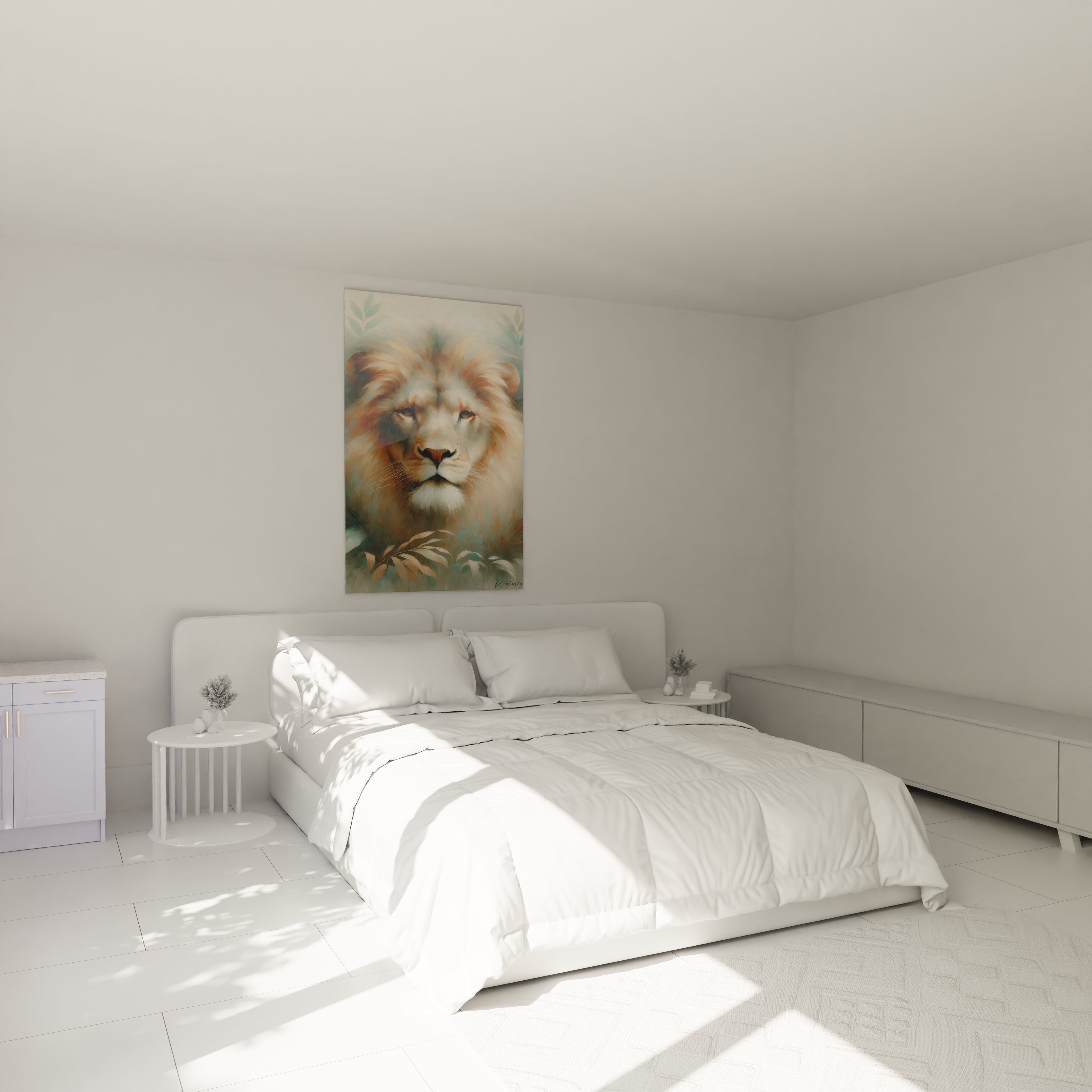 Ce tableau lion, accroché au mur au-dessus du lit, apporte une sérénité apaisante à la chambre. Ses couleurs subtiles et sa douceur créent une ambiance harmonieuse, idéale pour un espace de détente.

