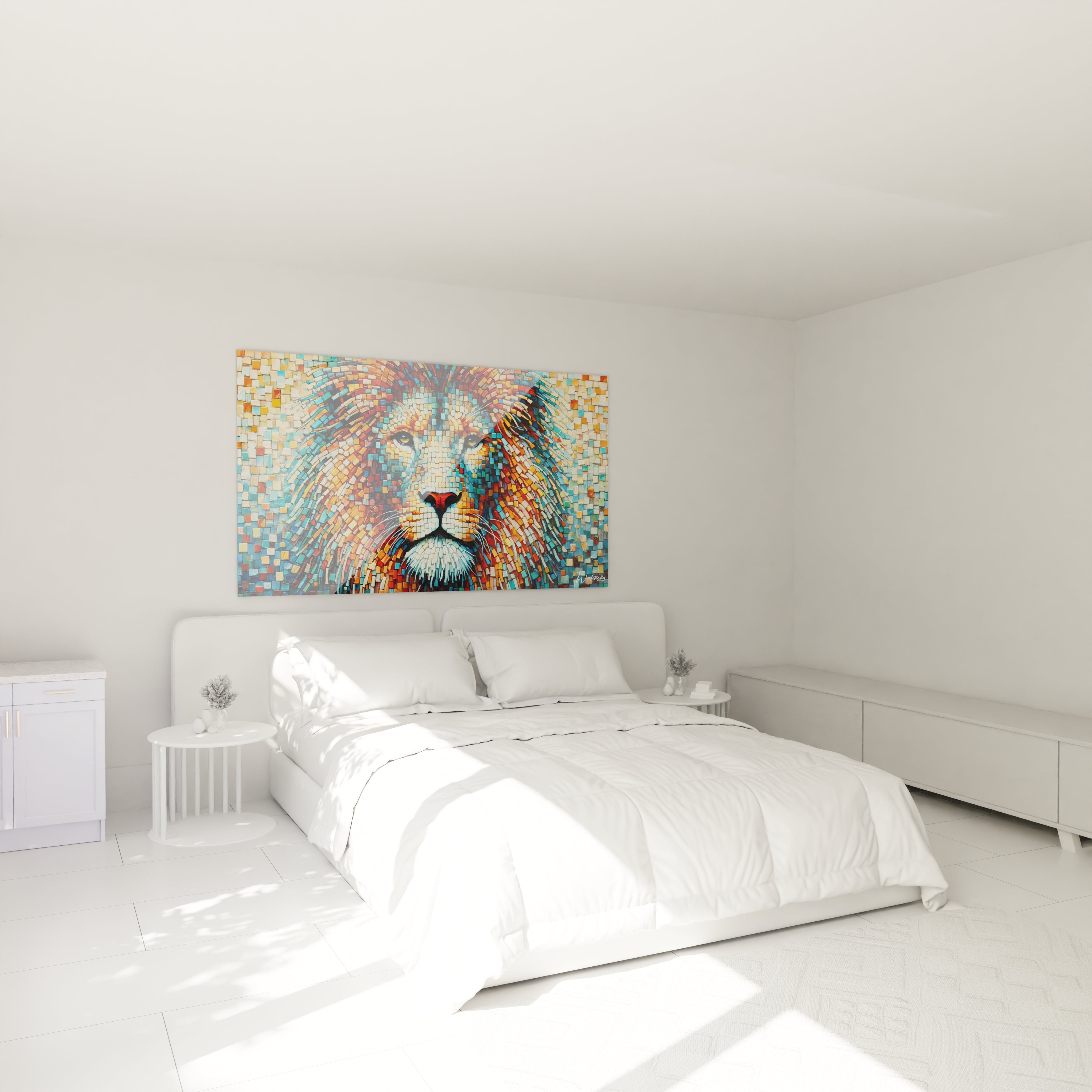 Sublimez votre chambre avec ce tableau lion accroché au mur au-dessus du lit. Ses couleurs riches et son style mosaïque ajoutent une ambiance apaisante et artistique à votre espace de repos.

