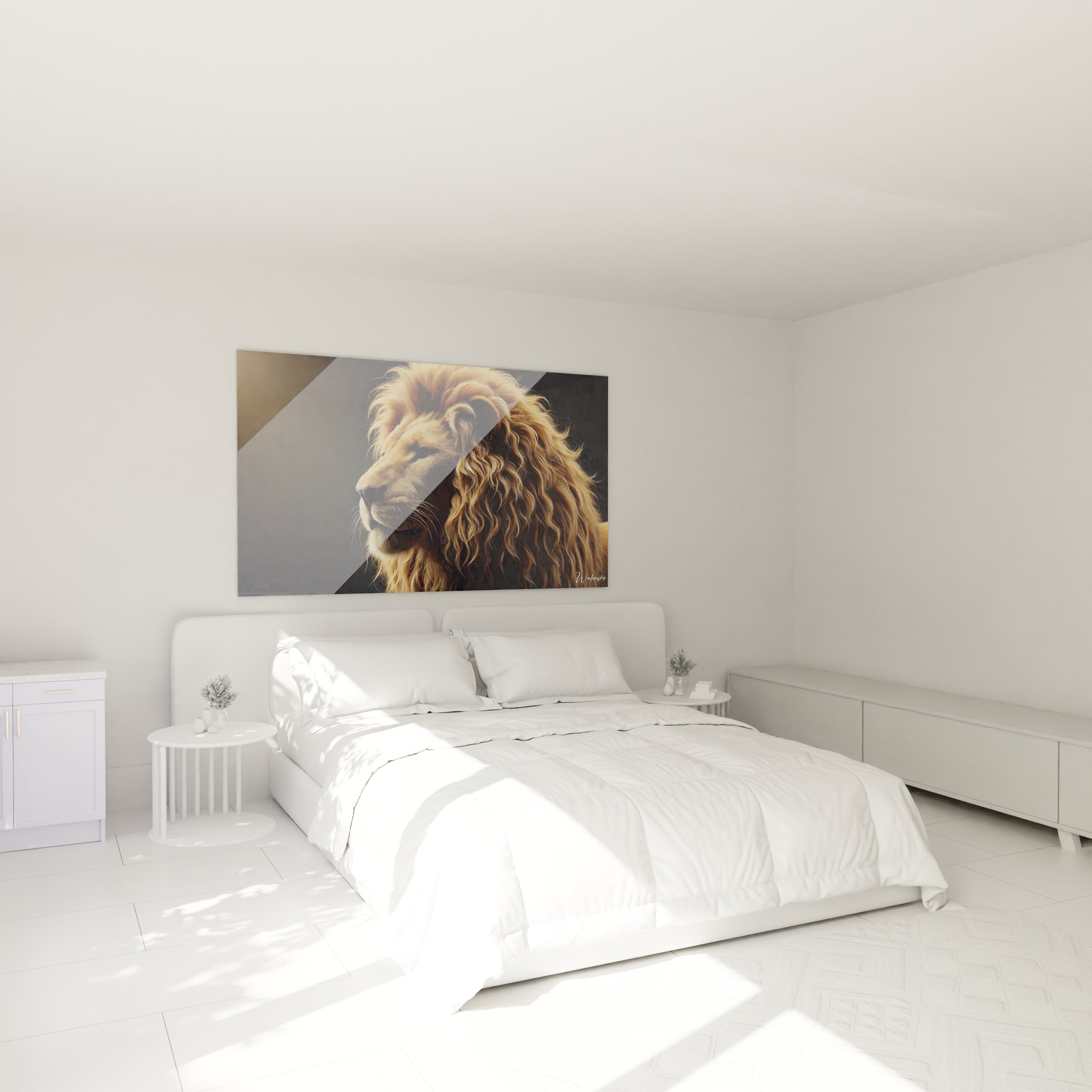 Accroché au-dessus du lit, ce tableau lion sublime la chambre avec une atmosphère royale et sereine. L'attention minutieuse aux détails et la profondeur de l'image apportent grandeur et sophistication à l'espace.

