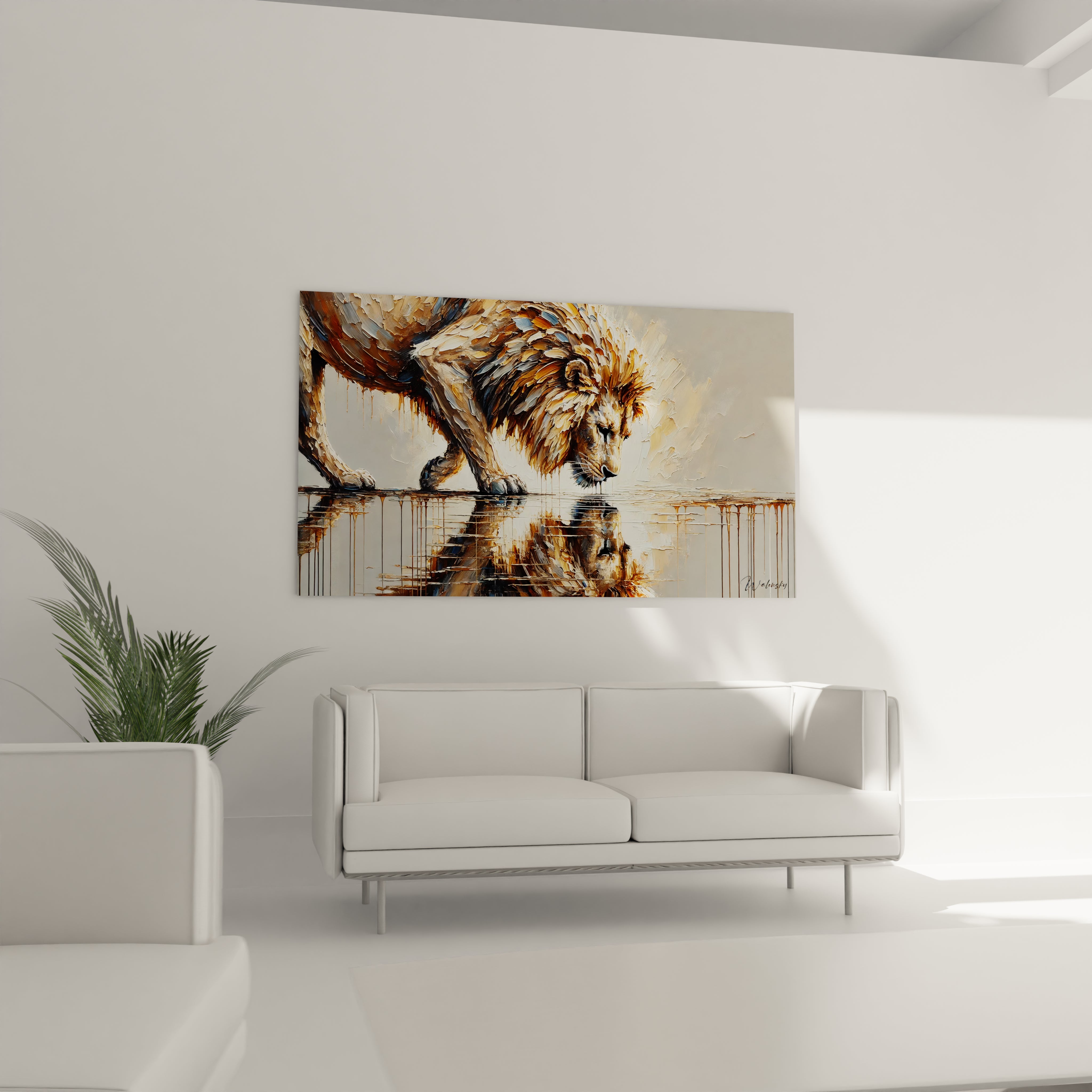 Ce tableau lion  suspendu au-dessus du canapé dans le salon, apporte un charme naturel et moderne. Les détails vibrants et la symbolique de la tortue captivent et invitent à la contemplation.

