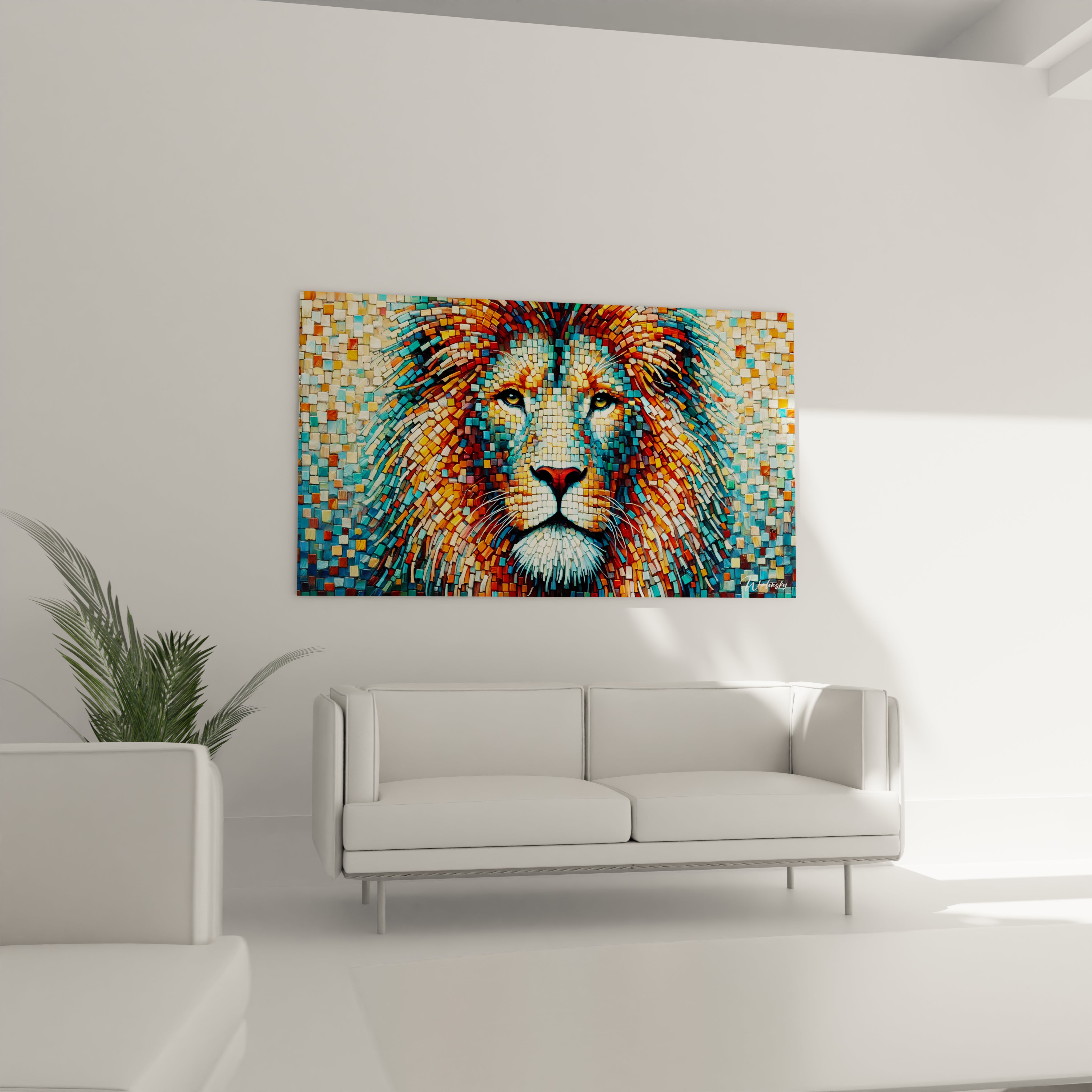 Ce tableau lion , suspendu au-dessus du canapé dans votre salon, apporte une touche artistique captivante. Son design en mosaïque colorée crée un contraste moderne et élégant dans tout intérieur.

