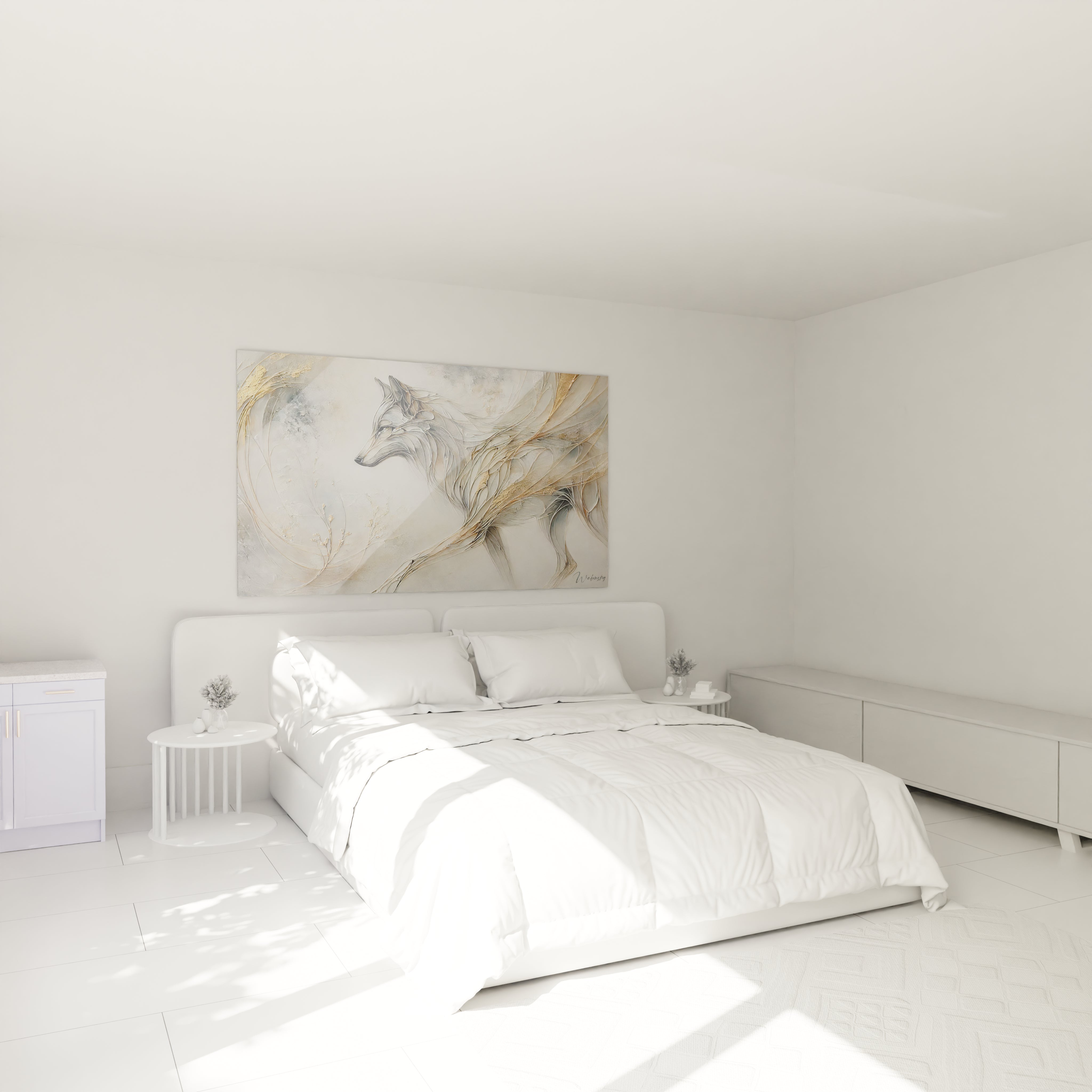 tableau loup au dessus du lit dans une chambre decoration paisible et elegante style abstrait couleurs neutres beige blanc et touches dorees apportant une atmosphere onirique et apaisante

