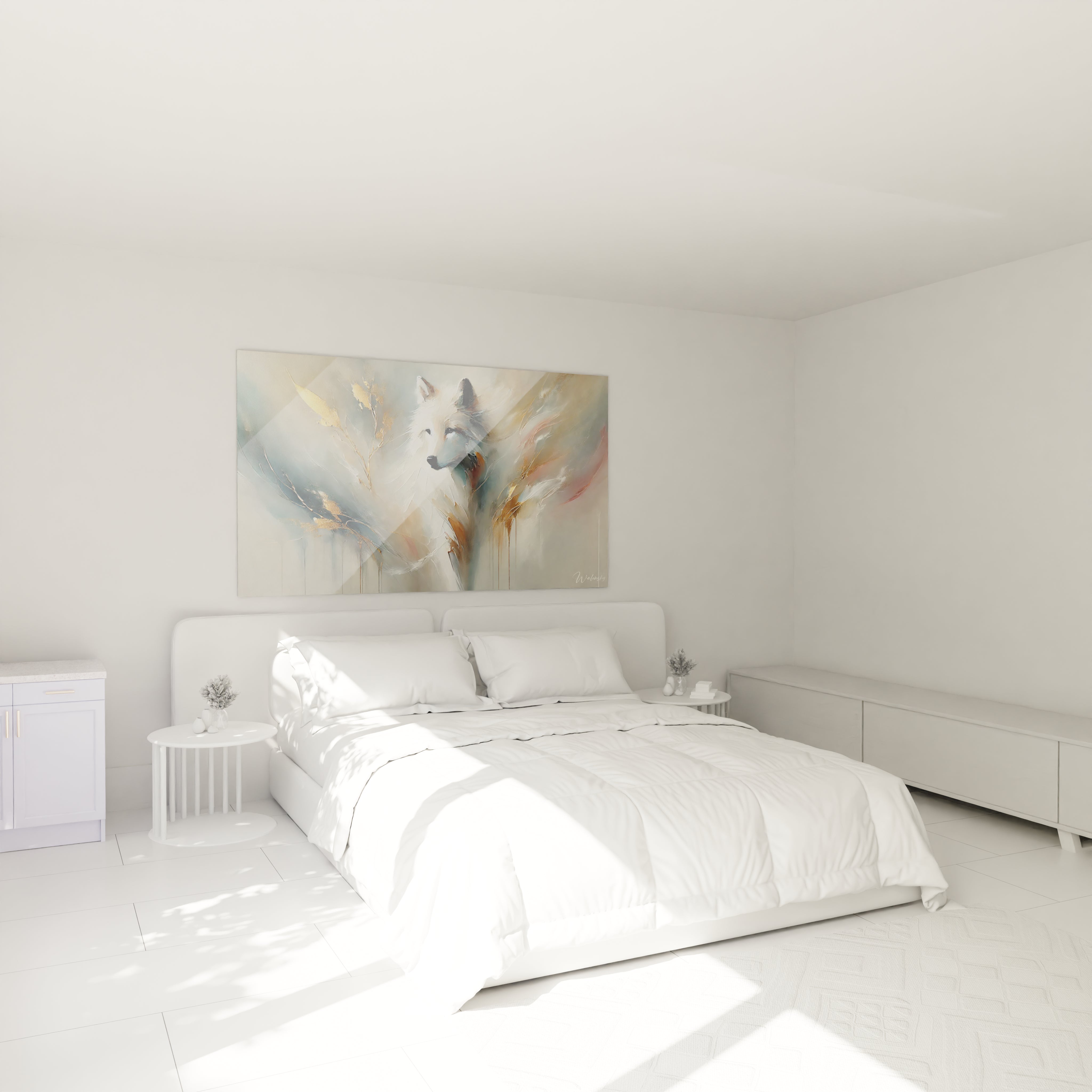 tableau loup epure apportant serenite a une chambre. Accroché au dessus du lit, il cree une atmosphere apaisante avec ses tons blancs et ses accents dores