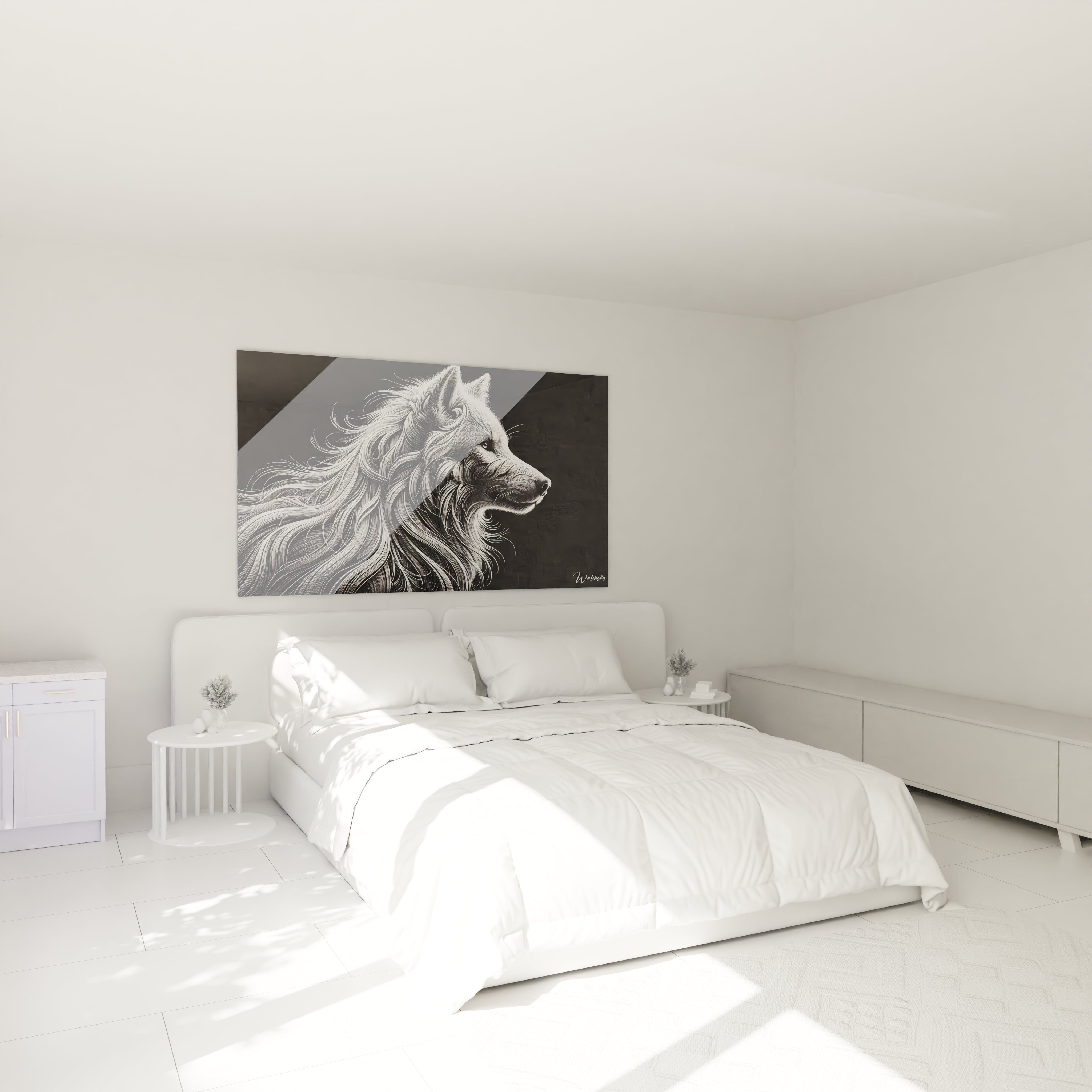 tableau loup monochrome accroché au mur au-dessus d'un lit. L'œuvre apporte une touche élégante à la chambre avec sa profondeur et son jeu de contrastes noir et blanc.

